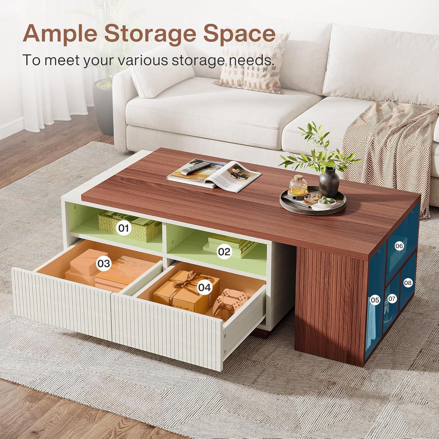 Tribesigns Extendable Coffee Table with 2 Storage Drawers, Reversible Living Room Table with Shelves and Adjustable Top, Large Center Table for Living Room, White/Walnut (43" to 75" Adjustable Length)