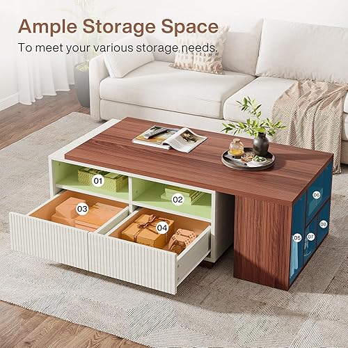 Miniatura 5 de Tribesigns Mesa auxiliar extensible con 2 cajones de almacenamiento, mesa reversible para sala de estar con estantes y parte superior ajustable,