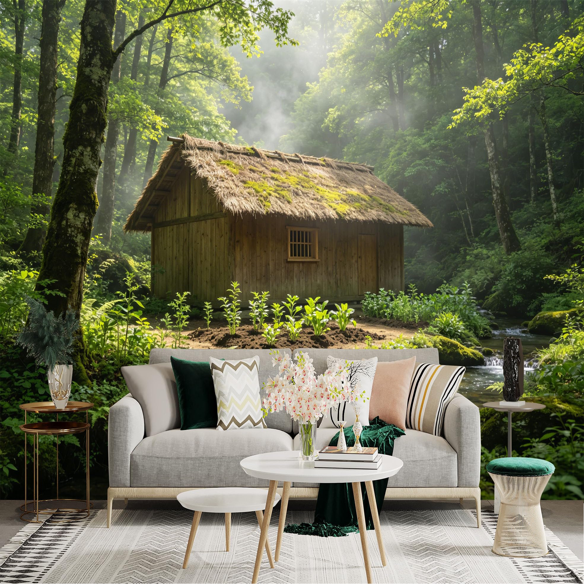 Custom Size Wall Sticker Mural， Wooden Cabin by Forest Stream， Moss and Sunlight， for wall Decoration， peelandstick wall Decals.