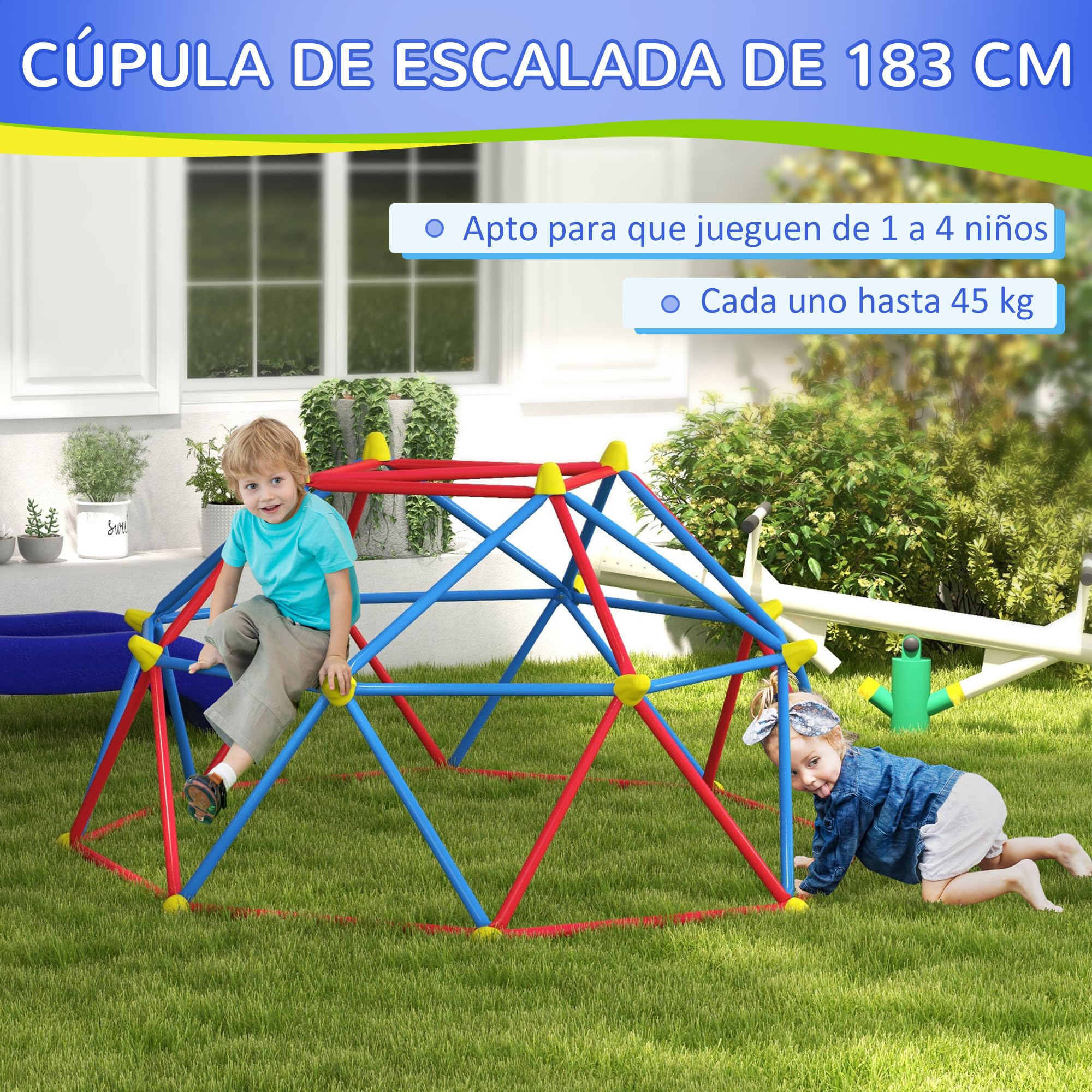 Outsunny Cúpula de Escalada Juego de Cúpula Geométrica Parque Infantil para 3-8 Años con Marco de Metálico Anti-UV Carga 180 kg para Patio Jardín Ø183x90 cm Rojo y Azul