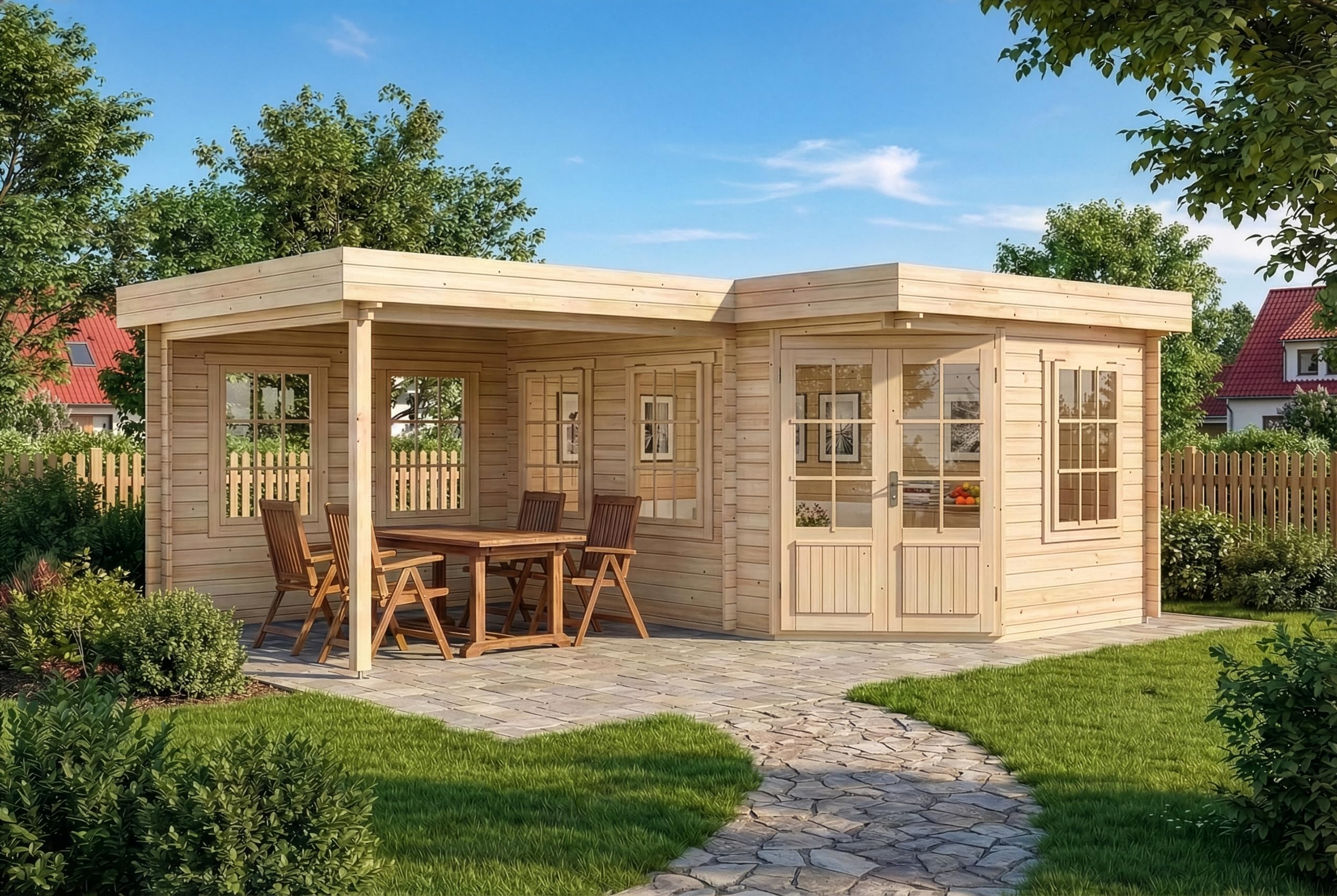 Alpholz 5-Eck Gartenhaus Pepe aus Holz 618x462cm mit 28 mm Wandstärke in Naturbelassen