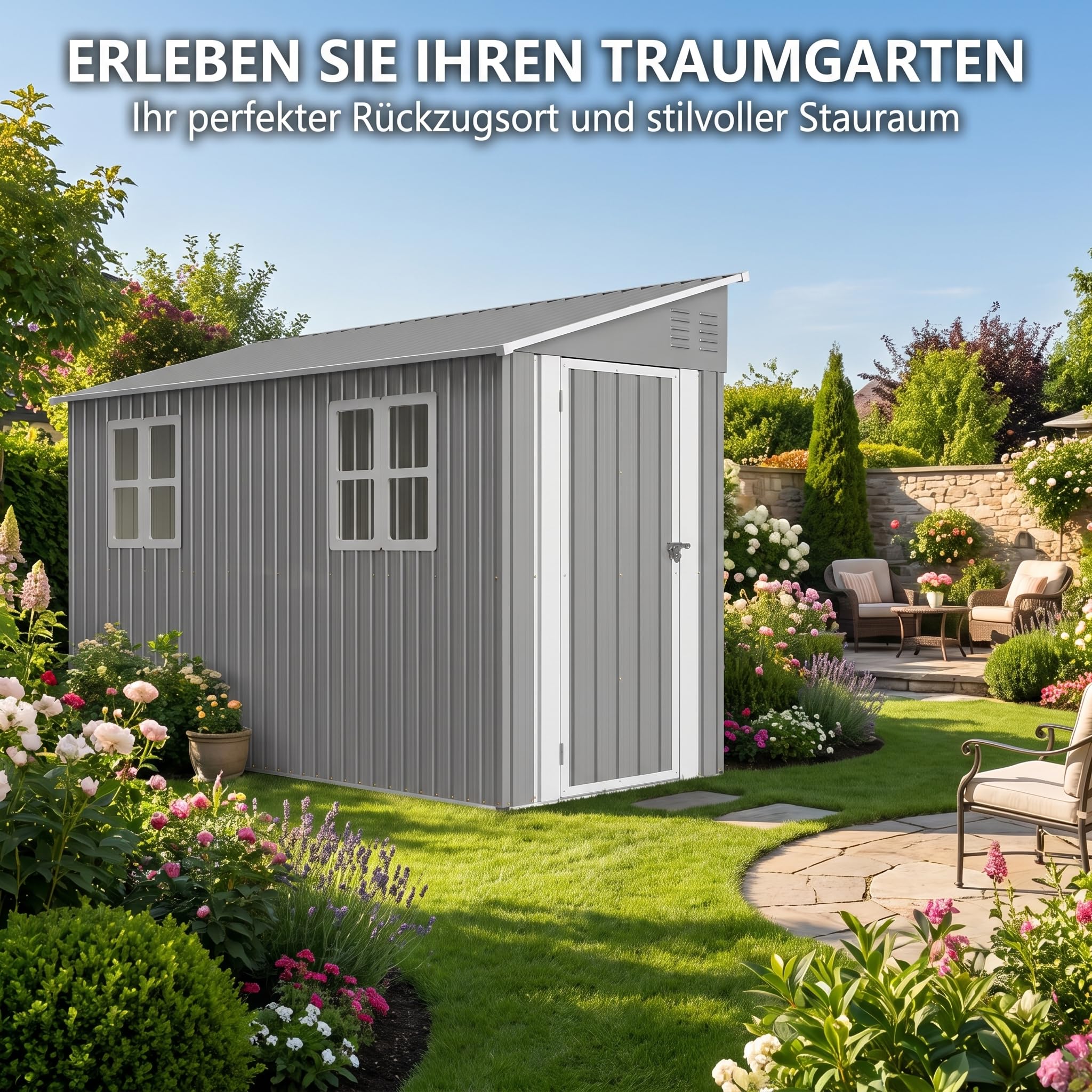 Casetta da giardino in metallo, casetta per attrezzi in metallo con kit di base, 1,2x3 m (4x10 piedi) Capanno da giardino per uso esterno a carico pesante, design ad appoggio con porta sinistra/destra