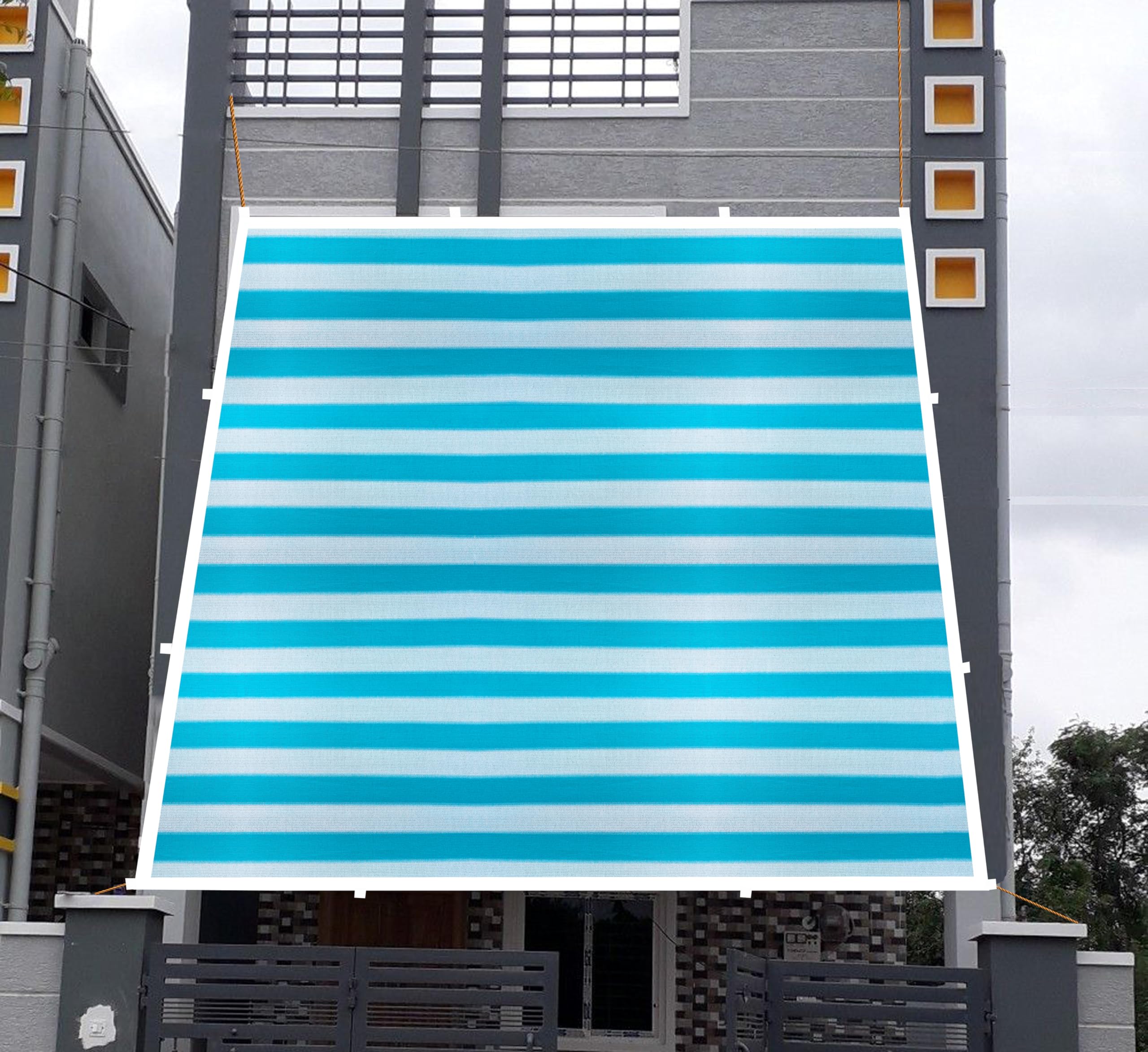 HDPE Fabric Stripes Pattern Cotton Webbing Sun Shade Sails 85-90% Protection from Sun & UV Rays Ideal for Car Parking,Garden, Balcony, Patio (Blue & White, 10 X 5 Feet) Pack of 1 Piece-image-45