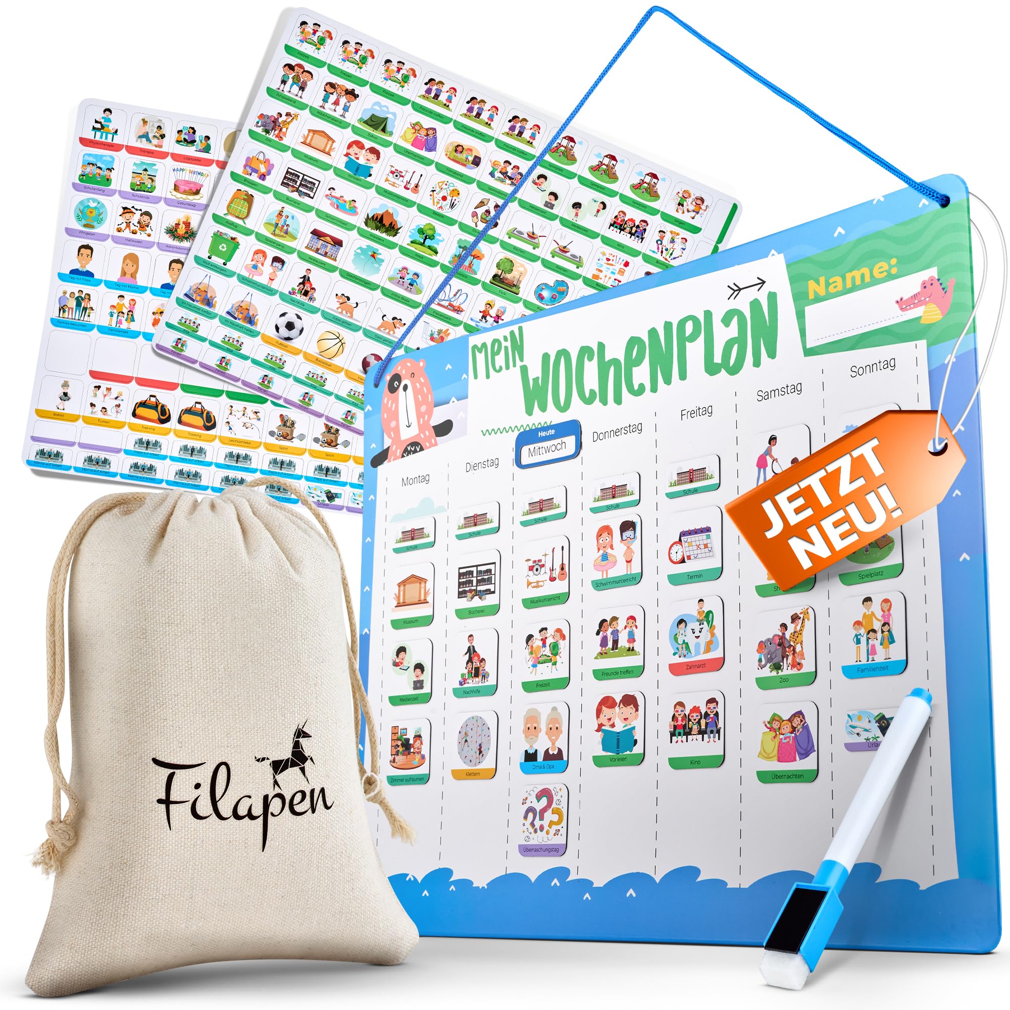 Filapen® Montessori planer tygodniowy dla dzieci – tablica magnetyczna w zestawie z 209 magnesami, woreczkiem materiałowym, długopisem i sznurkiem – planer zadań, kompletny zestaw do pisania i