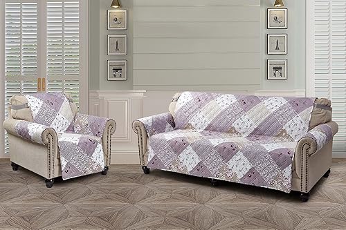 Miniatura 2 de Brilliant Sunshine Funda de sofá de retazos rosa lila y beige, funda acolchada para sofá grande, 70 pulgadas de ancho de asiento, protector de
