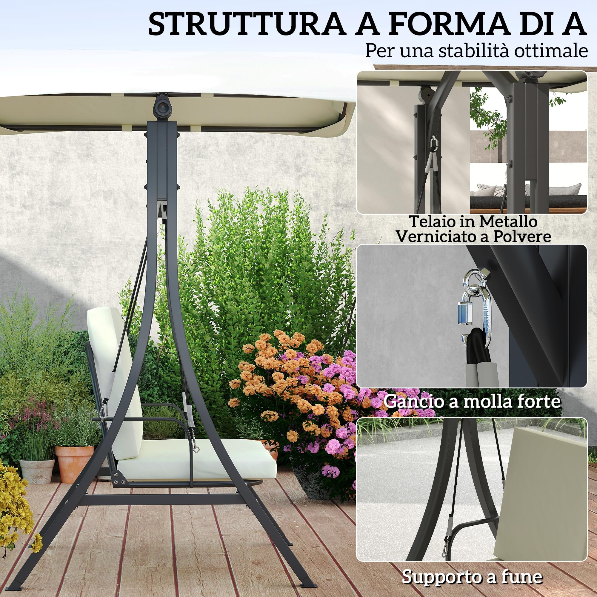 Outsunny Hollywoodschaukel mit verstellbarem Sonnendach Sitzauflage, 2-Sitzer Gartenschaukel belastbar bis 220kg, UV 30+ Schaukelbank für Garten, Terrasse, 150x120x182cm, Cremeweiß