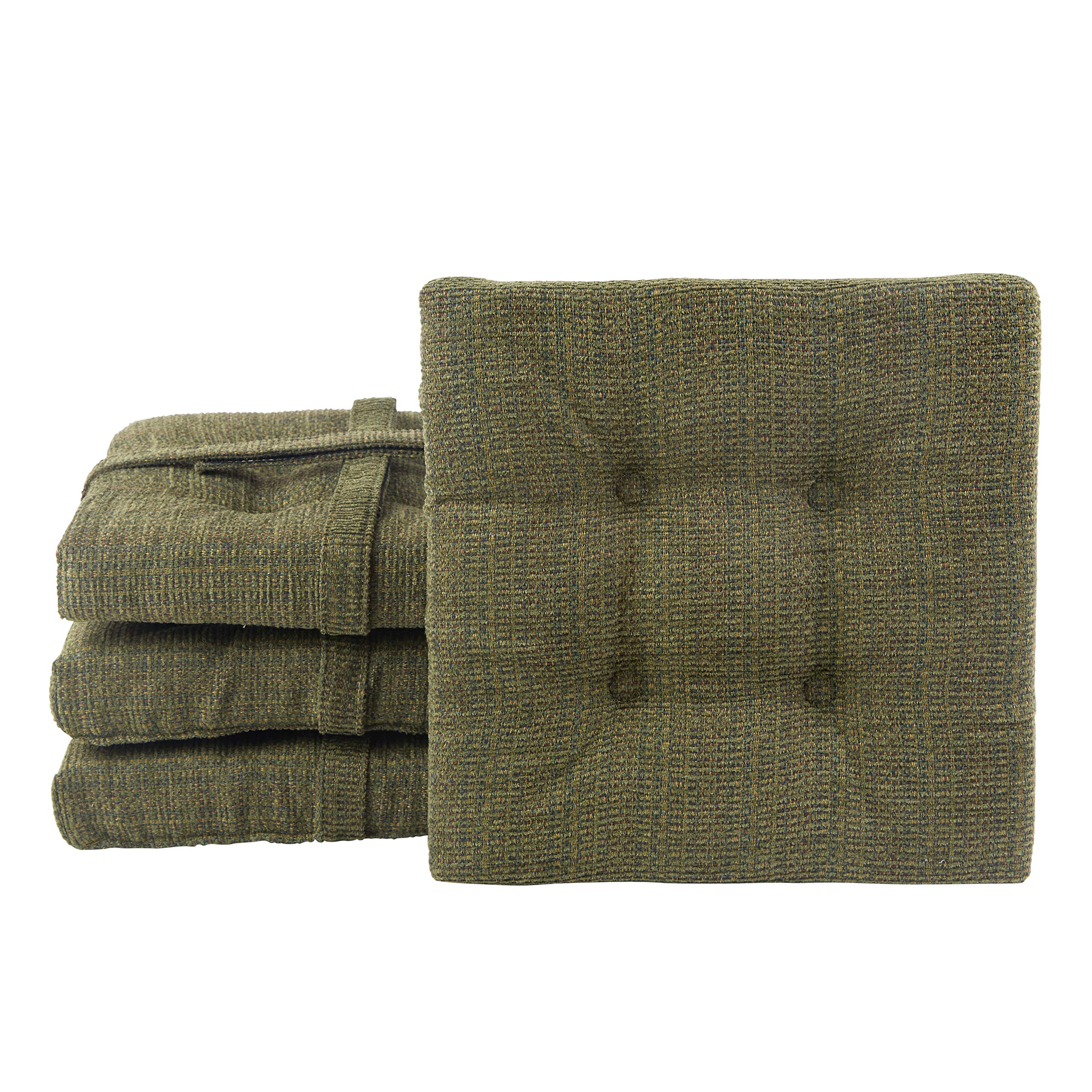 Klear Vu Non-Slip Gripper Tufted Square Stools Cushions with Tie Straps for Dining Rooms, Kitchen Bars, Cafes and Restaurants-Set of 4, 12”x12”, 4 Count (Pack of 1), Green