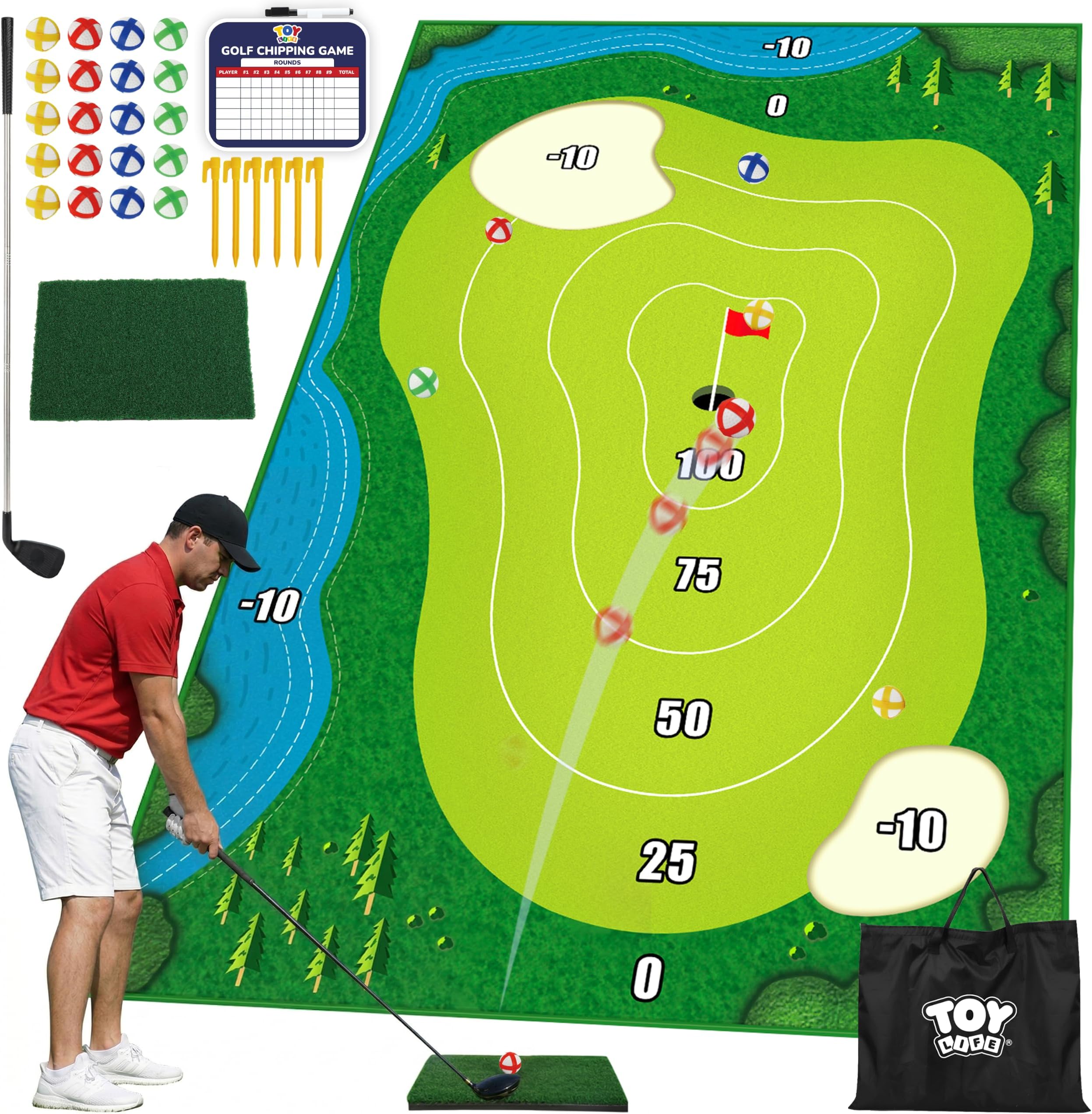 TOY Life Golf Chipping Mat Game, 20 Sticky Balls, Family Play | 70.8 x 47.25 in target, 6 ground stakes, 4-team scoring, ages 3+, club not included