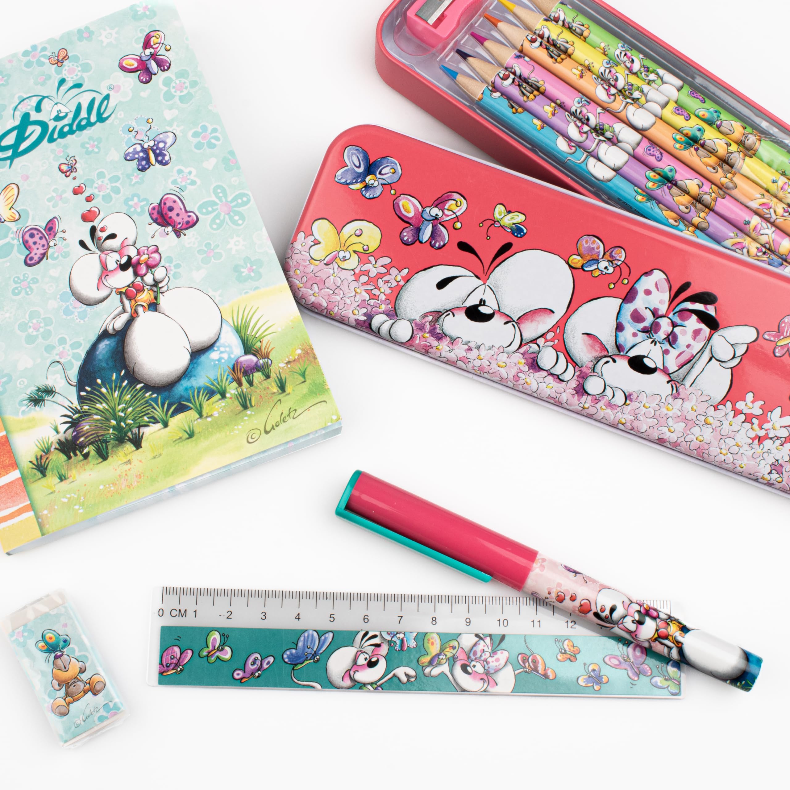 Diddl Schreibset A6, Notizbuch, Kugelschreiber, Lineal, Radiergummi, Federmäppchen mit 6 Buntstiften, Anspitzer und Büro-Organizer, Schreibwarenset – Geschenkidee für Kinder und Fans Nostalgie der