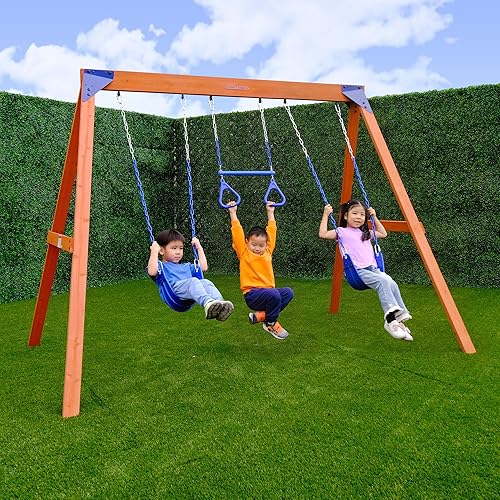Sportspower Kingston - Juego de columpios de madera 2 columpios ajustables en altura y barra de columpio de trapecio, juego al aire libre para patio