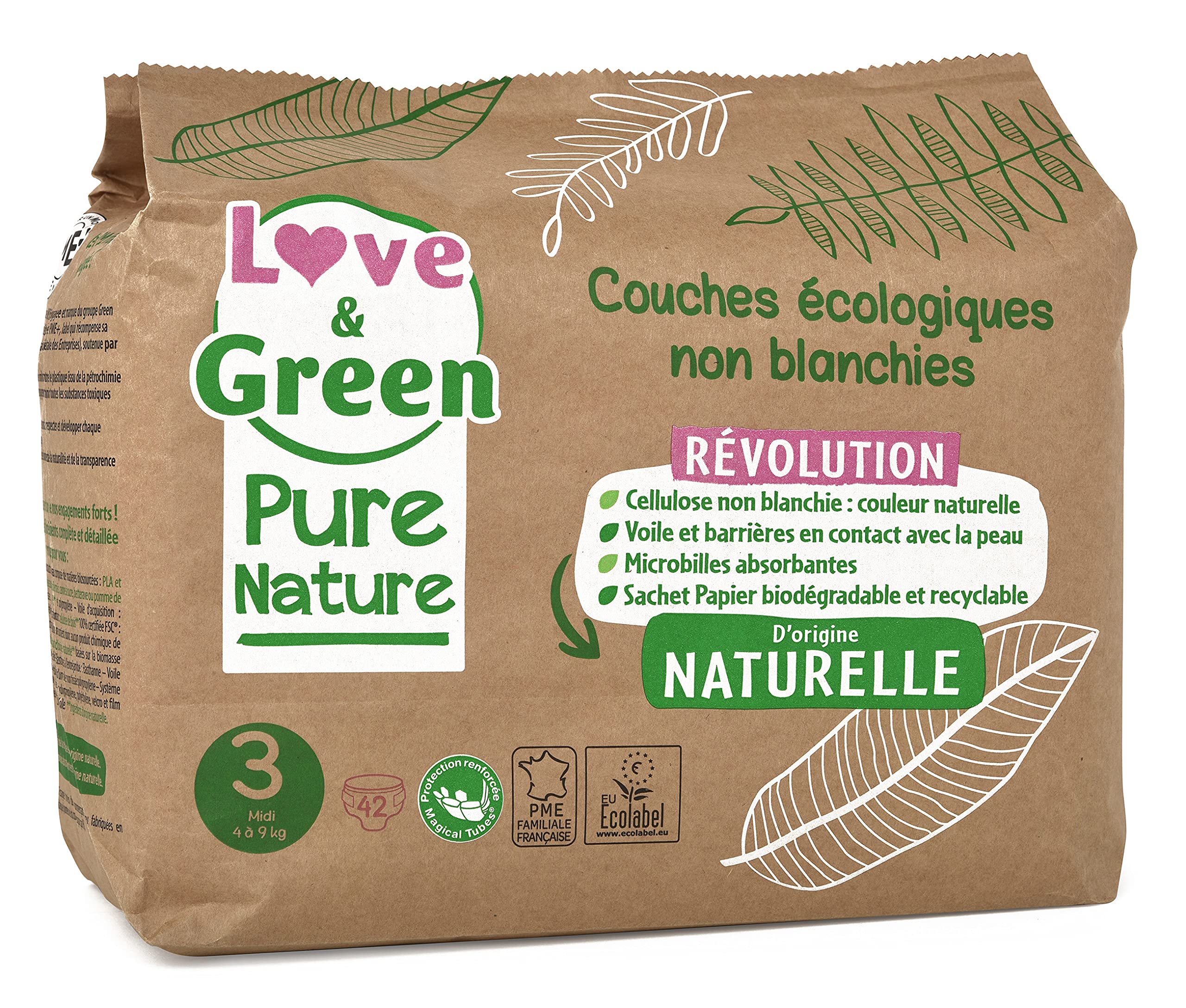 Love & Green Pure Nature Pañales Ecológicos sin Blanquear, Talla 3 (4-9 kg), pack de 6 x 42 pañales