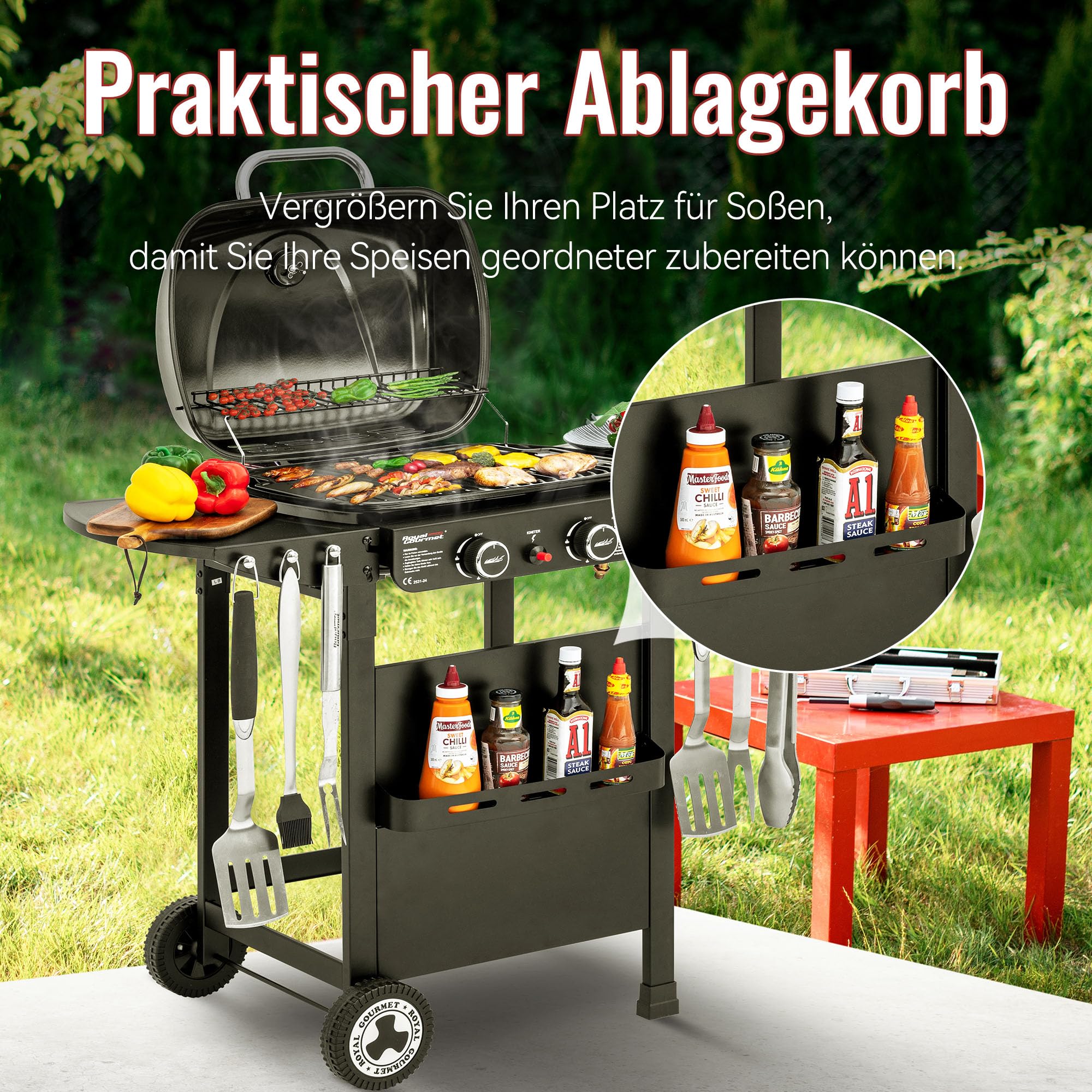 Royal Gourmet 2-Brenner Gasgrill und Griddle Combo, 2 IN 1 Grillwagen mit abklappbare Seitenablagen, Ablagekorb, 5 kW Campinggrill für Garten Schwarz