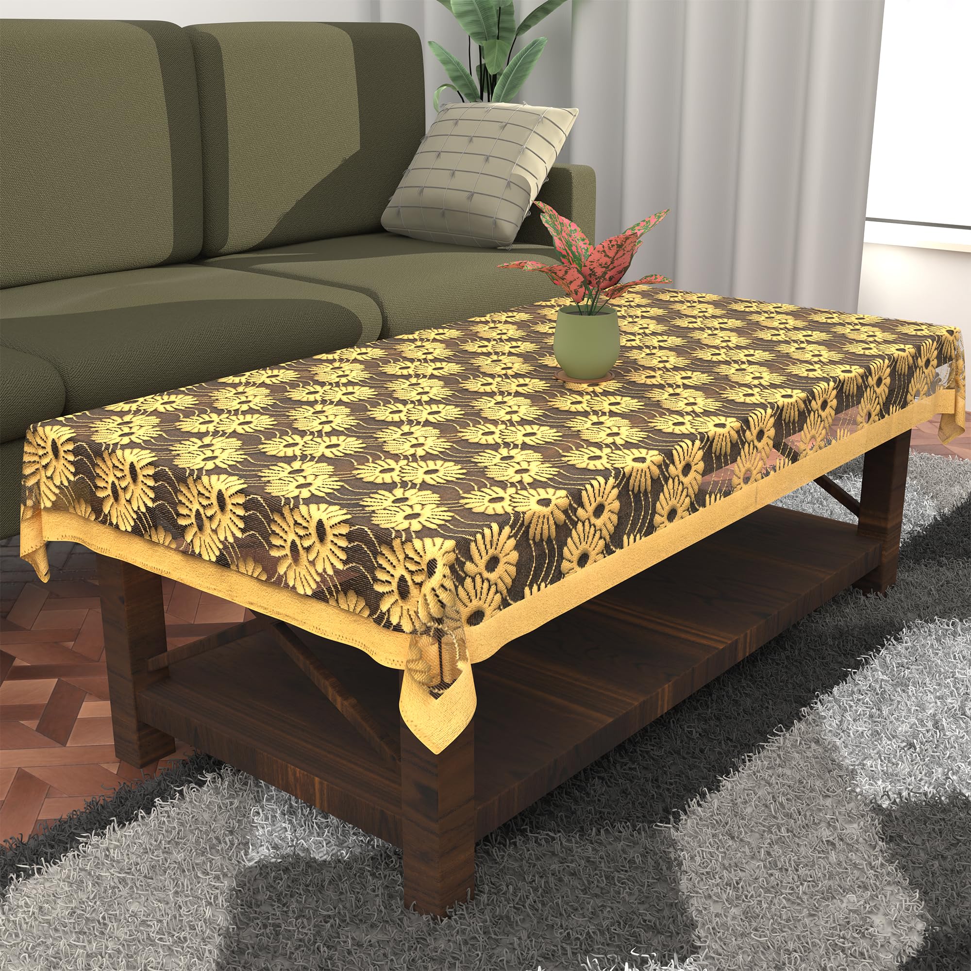 Kuber Industries Cotton Rectangular Center & Dining Table Cover 4 Seater | For Teapoy, Computer & Office Table Cloth/Sheet | 40x60 Inch | Sunflower Net Design -Yellow