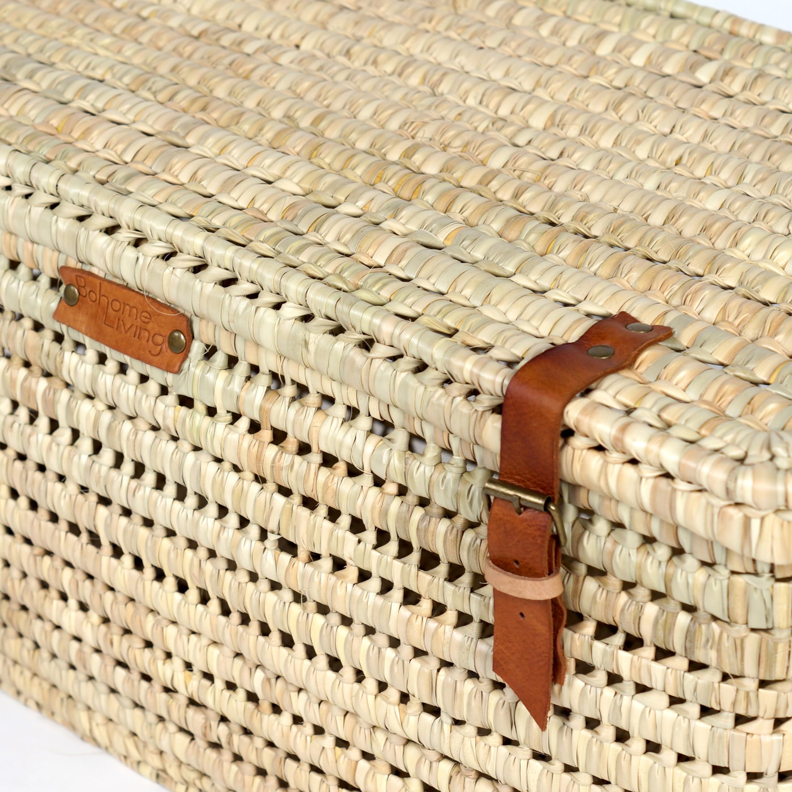 Coffre de Rangement en Osier, Malle de Salon ou Chambre, Bohème Chic (80cm)
