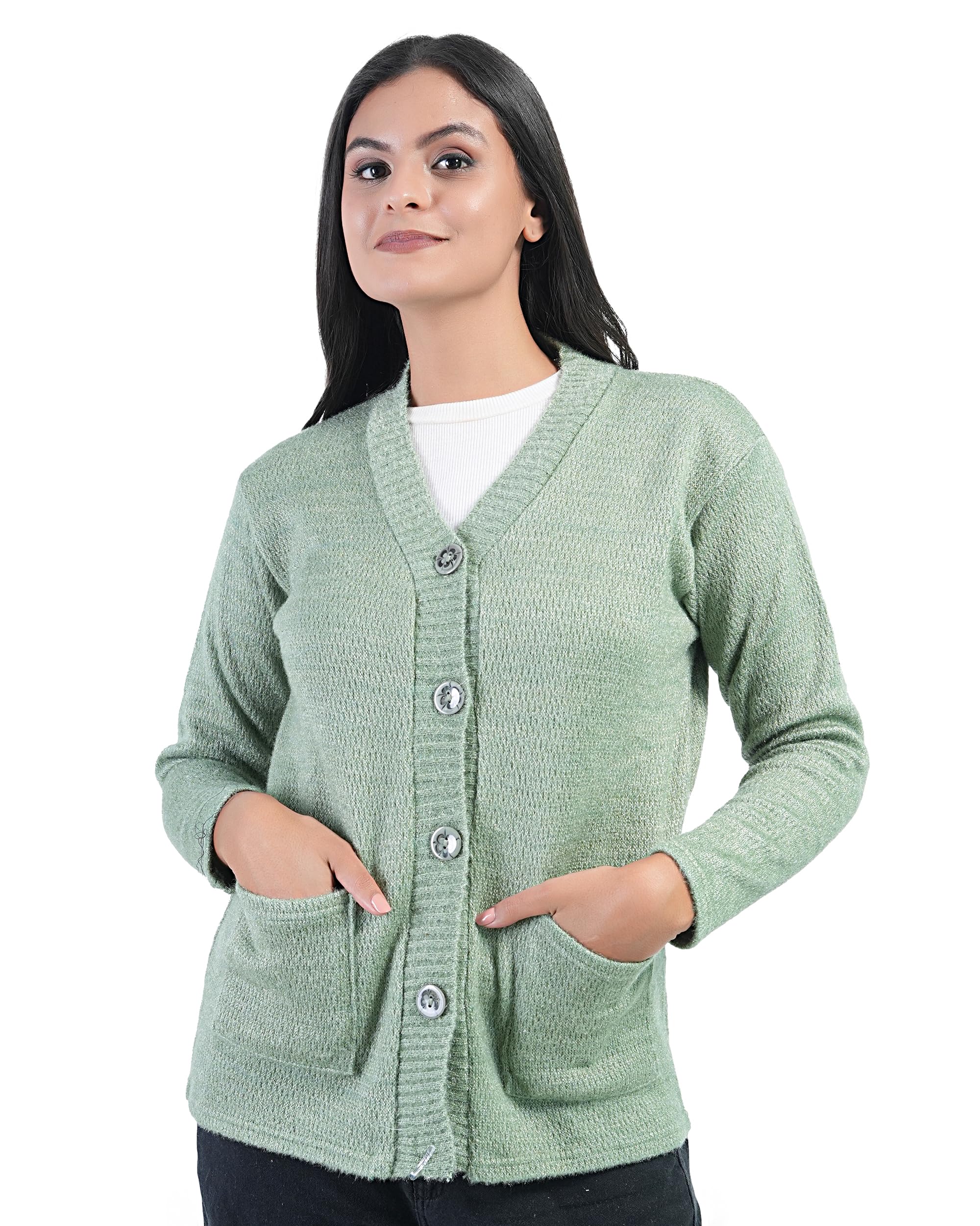 Women'S Wool Blend V-Neck Stylish Cardigan Sweater Cozy Winter Wear With Front Pockets, Casual Long Sleeve Knit For Ladies (Women Baby Soft Pocket/44/ Olive Green)-image-31