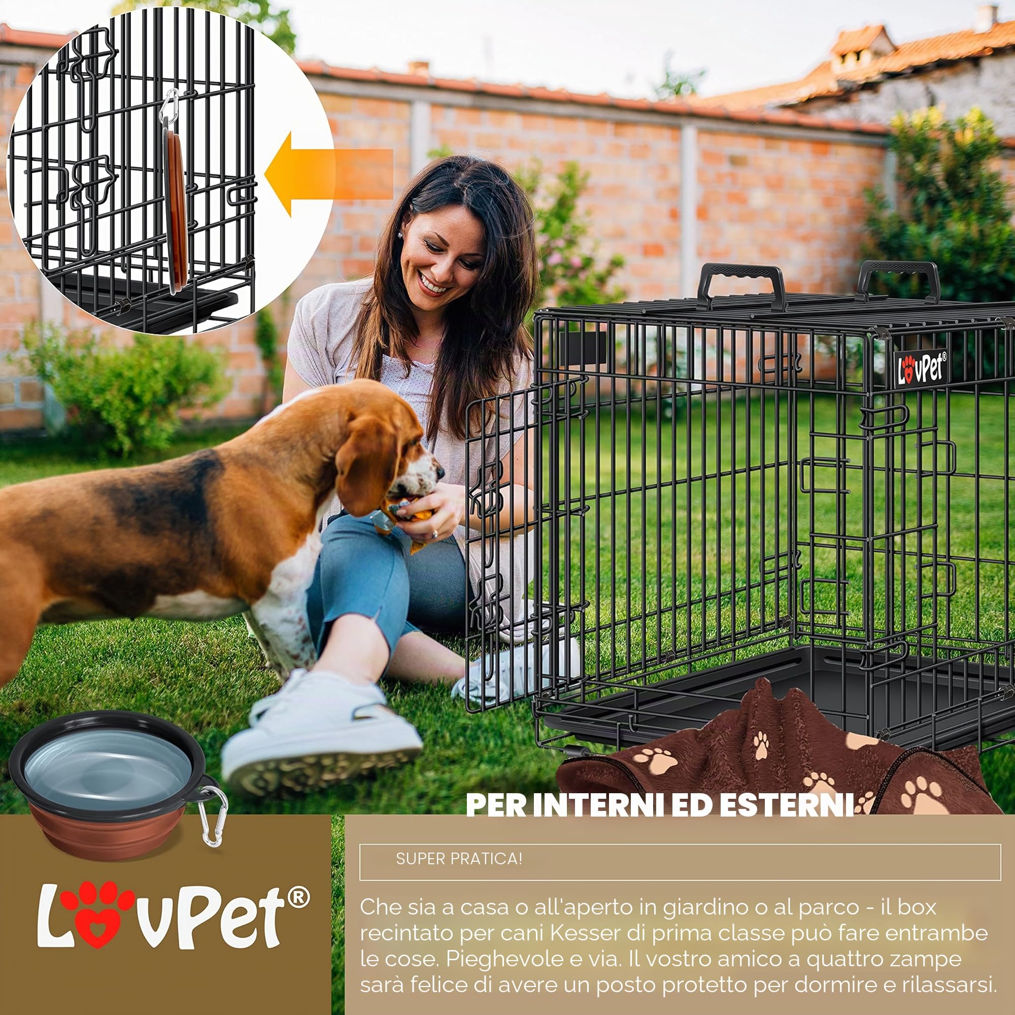 LOVPET® Gabbia pieghevole per Cani con Coperta in Pile + Ciotola per Cani con 2 porte Gabbia per Trasporto Auto - 92,5x57,5x64 cm, Trasportino per Animali con Pavimento, L - Nero