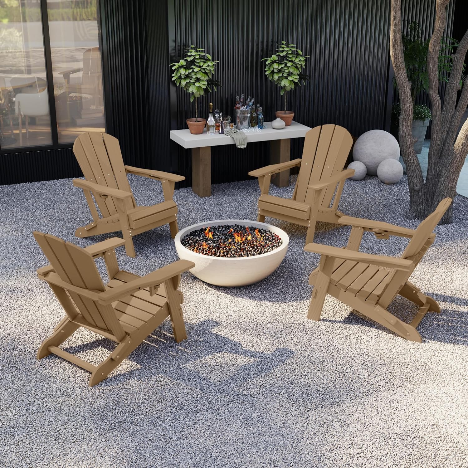 Kingdura Foldable Adirondack Chair, Portable HDPE All Weather Resistant Outdoor Patio Chair, Wooden Textured with Cup Holder, 380LBS Capacity for Poolside, Backyard, Deck, Fire Pit (Brown