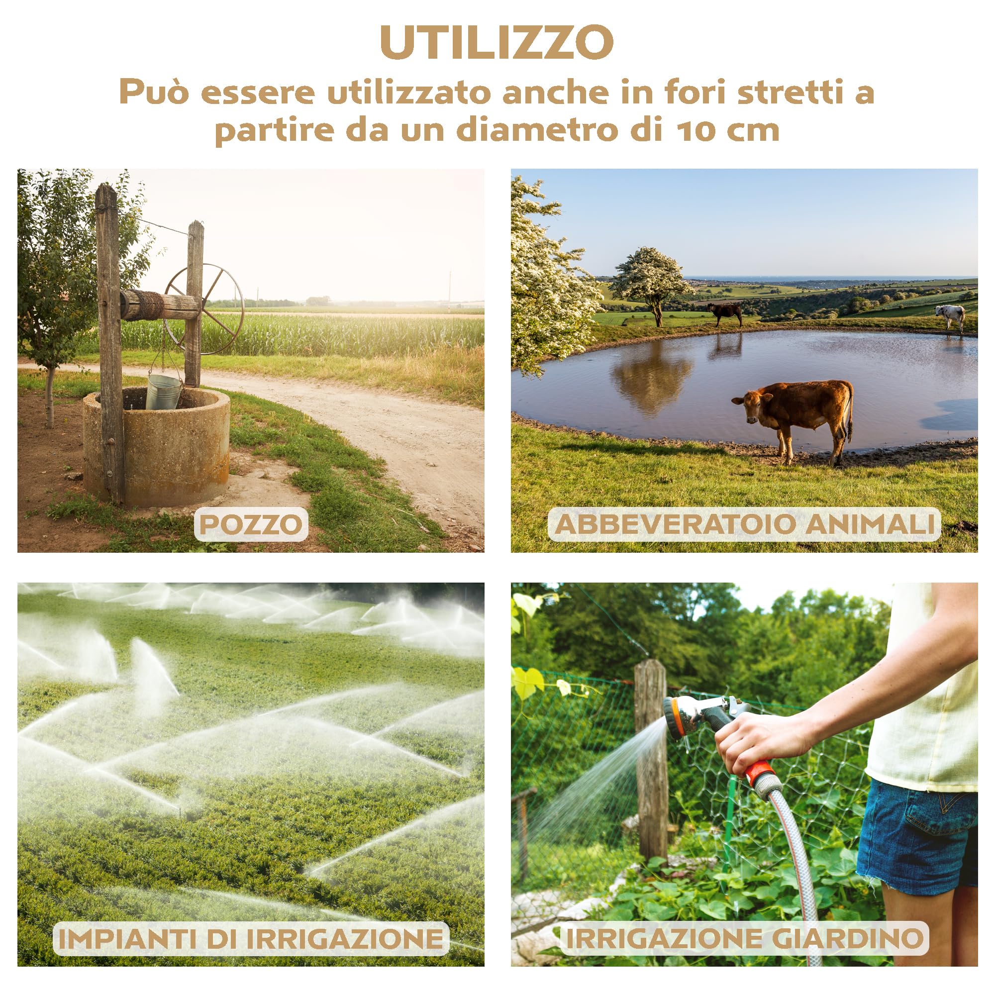 TIGMIG Pompa Sommersa Per Pozzi 750 W, 10m, Portata Max 2700 litri/h, Acciaio Inox 304, Protezione IP68, Pompa Immersione Sommergibile, Pozzi Profondi, Terreni Agricoli, Irrigazione, Drenaggio Cantine