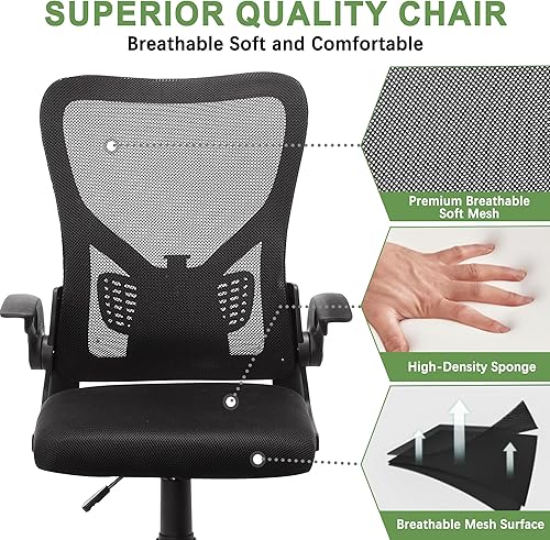 Miniatura 3 de VECELO Silla de oficina ergonómica de malla con respaldo medio con reposabrazos flexibles, soporte lumbar transpirable, ruedas giratorias, altura