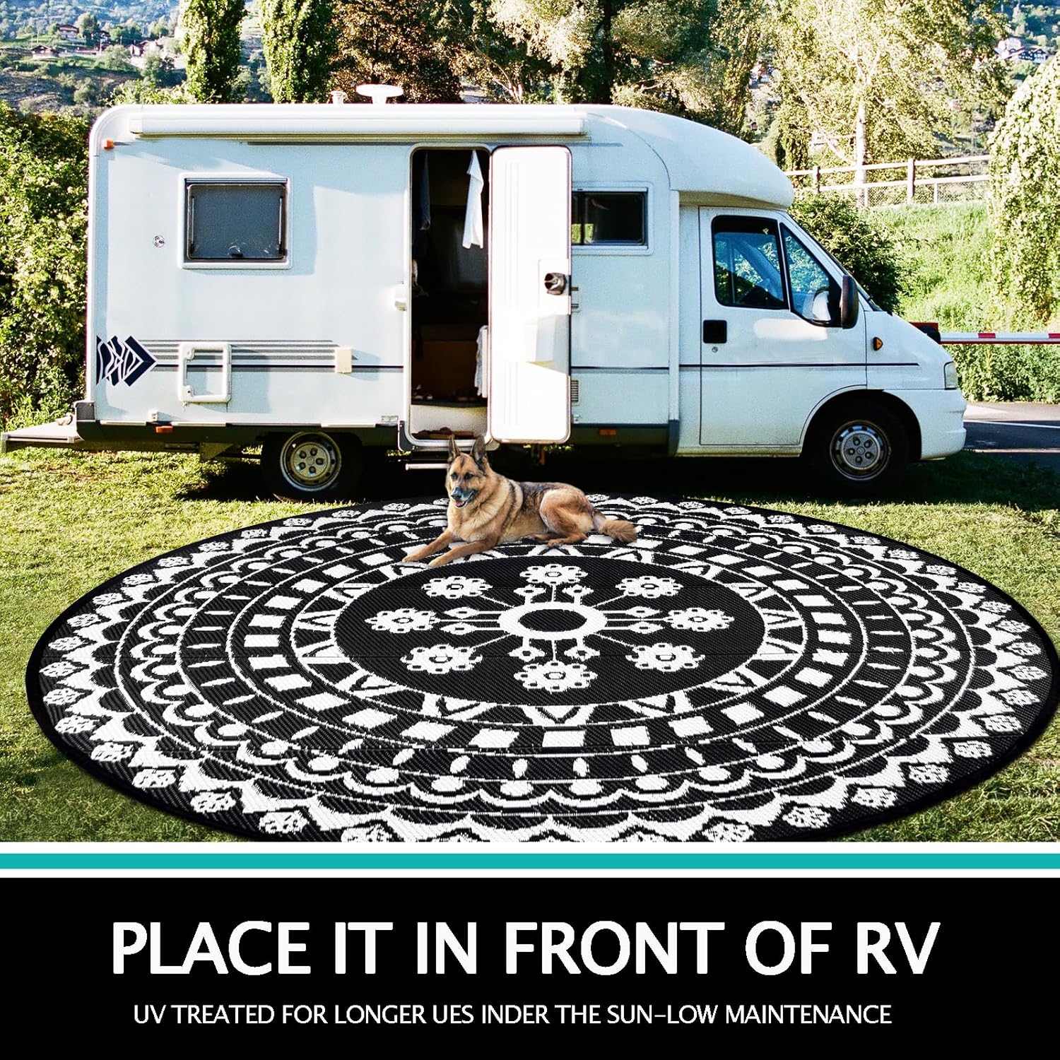 Capslpad 10Ft Round Outdoor Rug for Patio Reversible Mat Boho Circle Indoor Outside Area Rug Waterproof Plastic Straw Rug for RV Camping Picnic Pool Tent Beach Deck Balcony Doormats Decor, Black