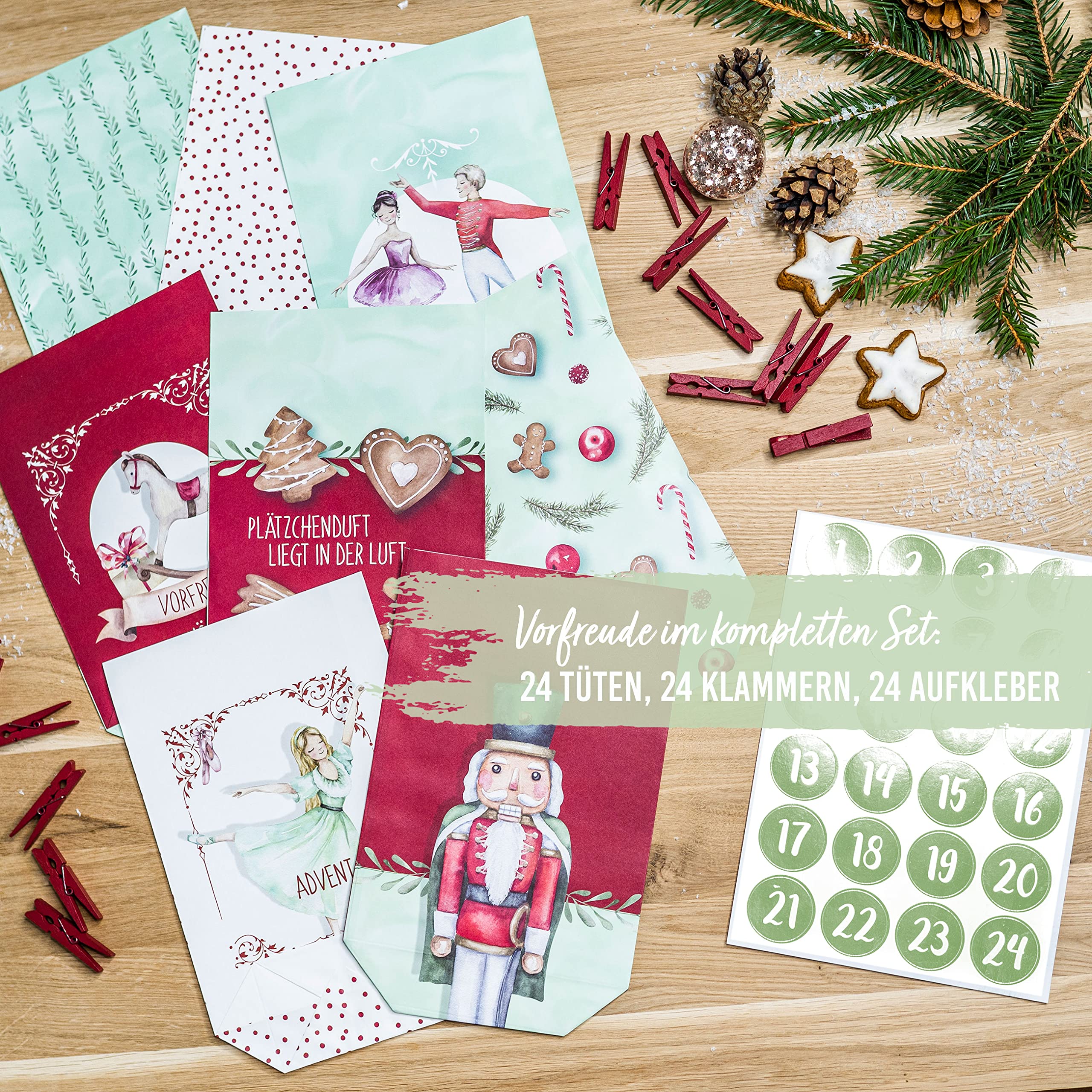 Papierdrachen 24 sacchetti di stoffa del calendario dell'Avvento da riempire - con numeri di legno dorati - da decorare da soli - sacchetti regalo - animali della foresta ricamati set no 27