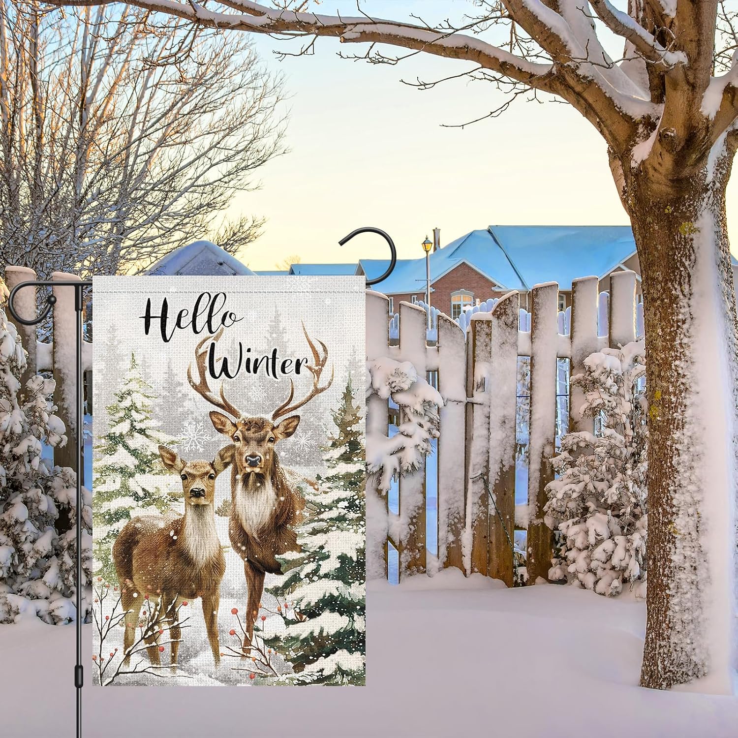 Heyfibro Hello Winter Deer Garden Flag 12x18 Inch Double Sided Burlap, Christmas Snowflake Snow Elk Yard Flags for Seasonal Xmas Outside Outdoor Decoration (ONLY FLAG) - Image 2
