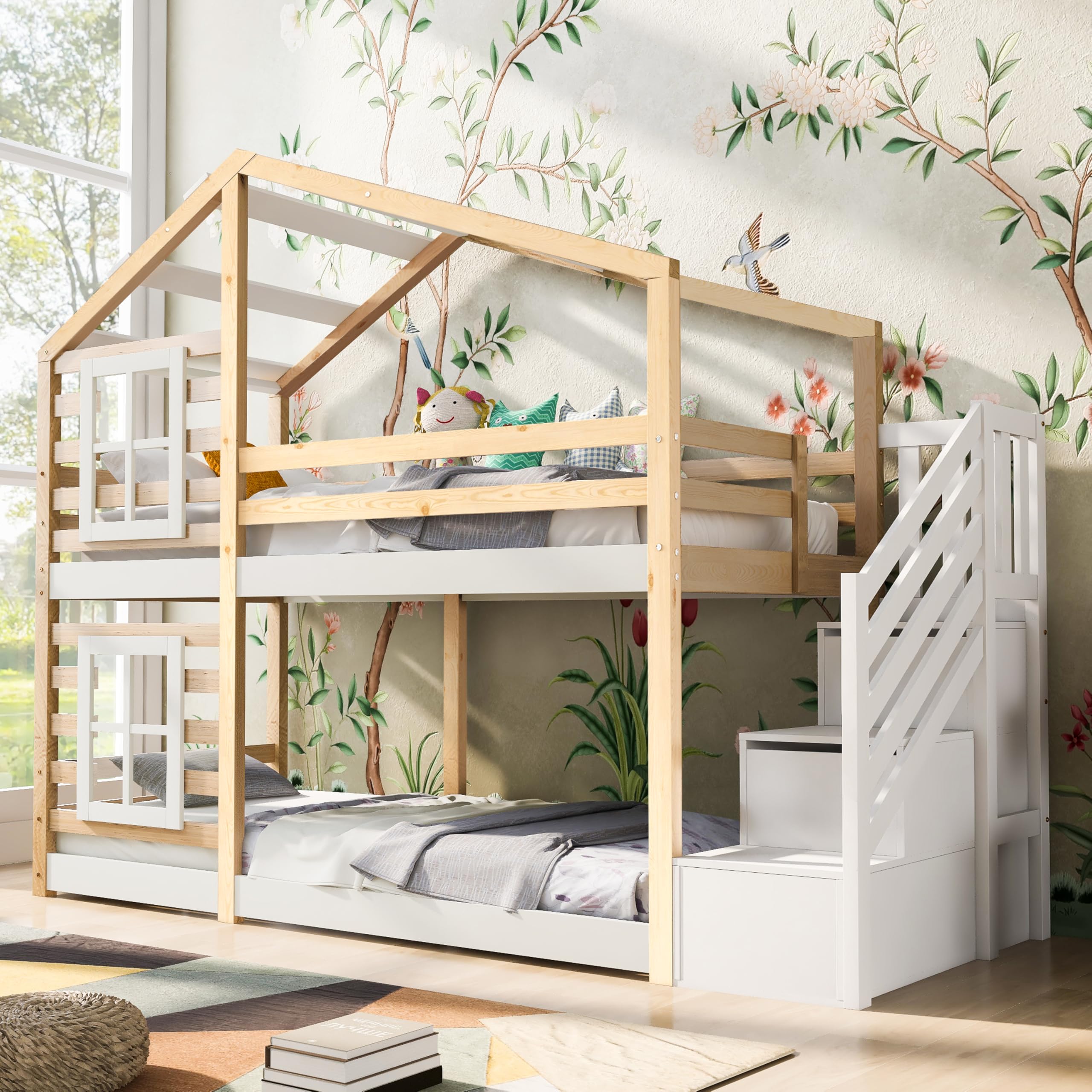 Kehun Etagenbett Kinderbett 90 x 200, Hausbett für 2 Kinder, Hochbett mit Holz Lattenrost, Holzbett mit Schublade und Fenster, Baumhaus Bett mit Rausfallschutz und Treppe, Natur & Weiß, Ohne Matratze.