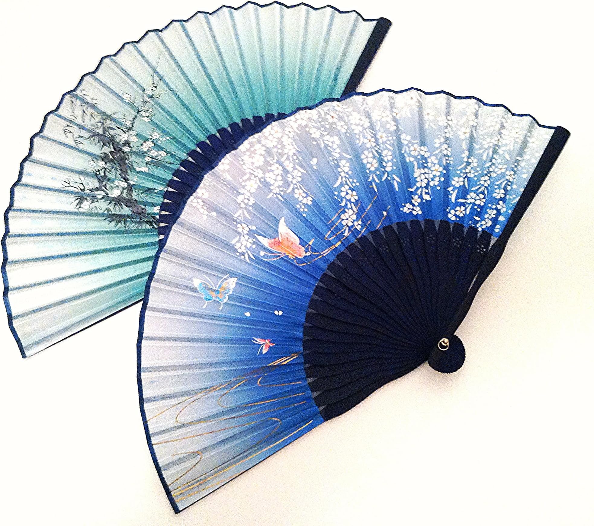 ORIWO A Pair of Bamboo Silk Folding Hand Fan in Bamboo and Cherry Blossom and Butterfly Design with Tassles and Fan Sleeve Sack in Blue and Green Color