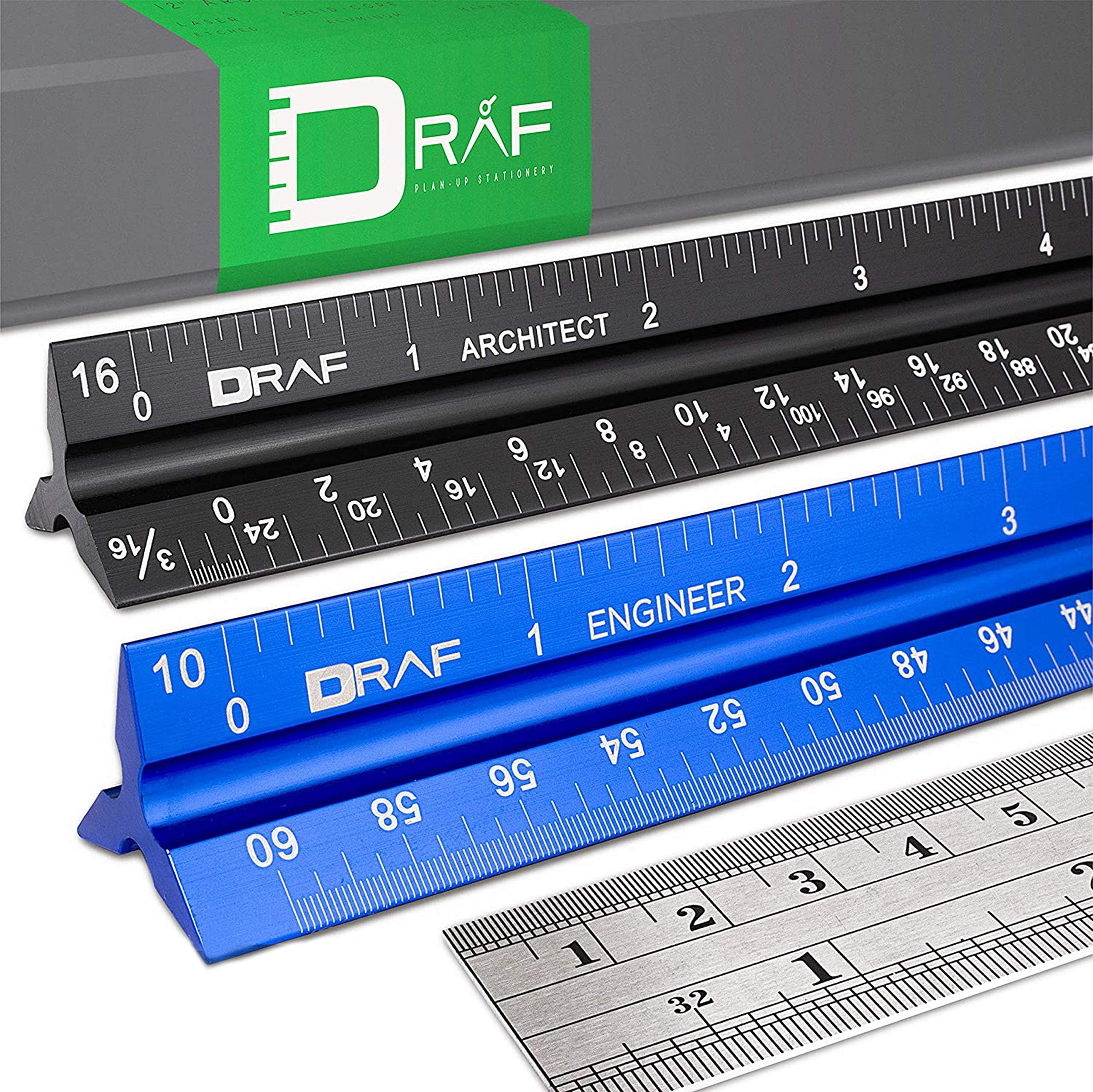 DRAF 12 Inch Architectural and Engineering Imperial Scale Ruler Set - Laser-Etched Aluminum Triangular Drafting Tool - for Architect and Civil Engineer Blueprints - Standard Metal Ruler Included