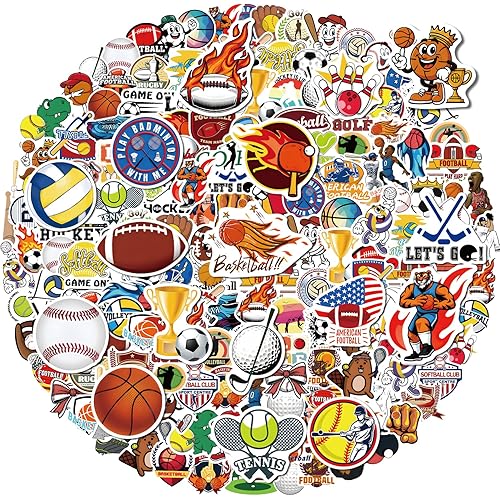 Anwyll 300Pcs Sports Stickers for Kids - Vinyl Sports Water Bottle Stickers Self Adhesive Football Basketball Soccer Volleyball Baseball Sticker Bulk for Helmet Laptop Boy Girl Party Classroom Prizes