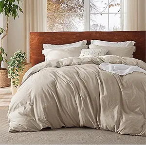 Bedsure 100% Washed Cotton Duvet Cover Oversized King - Oatmeal Minimalist Cotton Duvet Cover Linen Like for All Seasons - GentleSoft™ Plain Simple Bedding, Oatmeal, Oversized King, 120"x98"