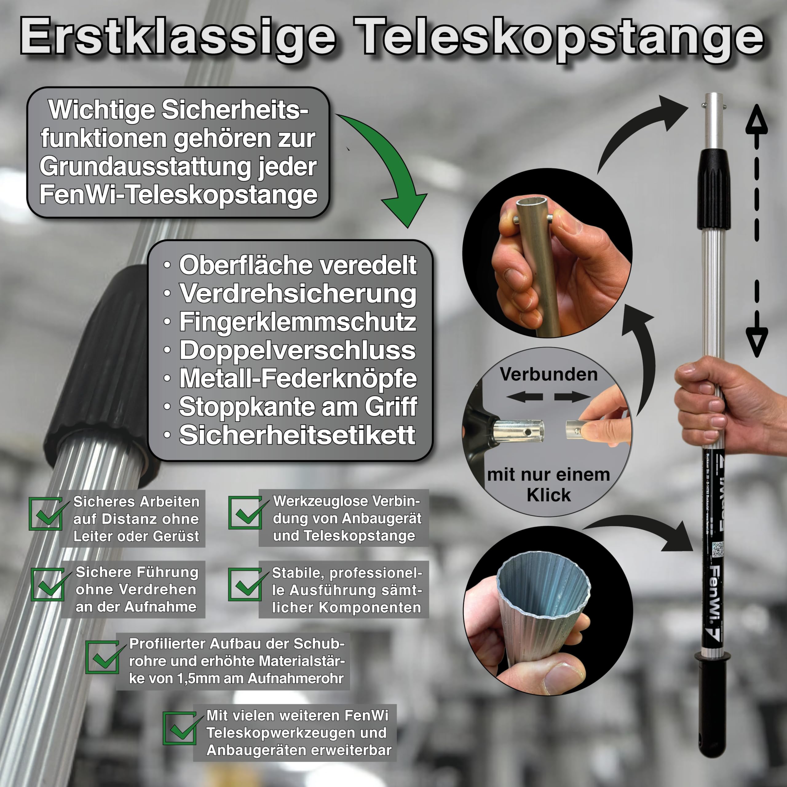 FenWi 1,25m Profi Komplett Set zur Glasreinigung mit 25/30cm Kombi Fensterabzieher Mikrofaser Einwascher Teleskopstange Rechteckeimer I Zubehör zur Fensterreinigung mit Wischeimer zum Fensterputzen