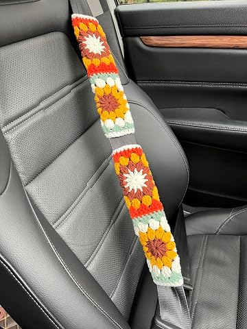 Crochet Car Seat Belt Cover Pads and Rainbow Car Mirror Decorations