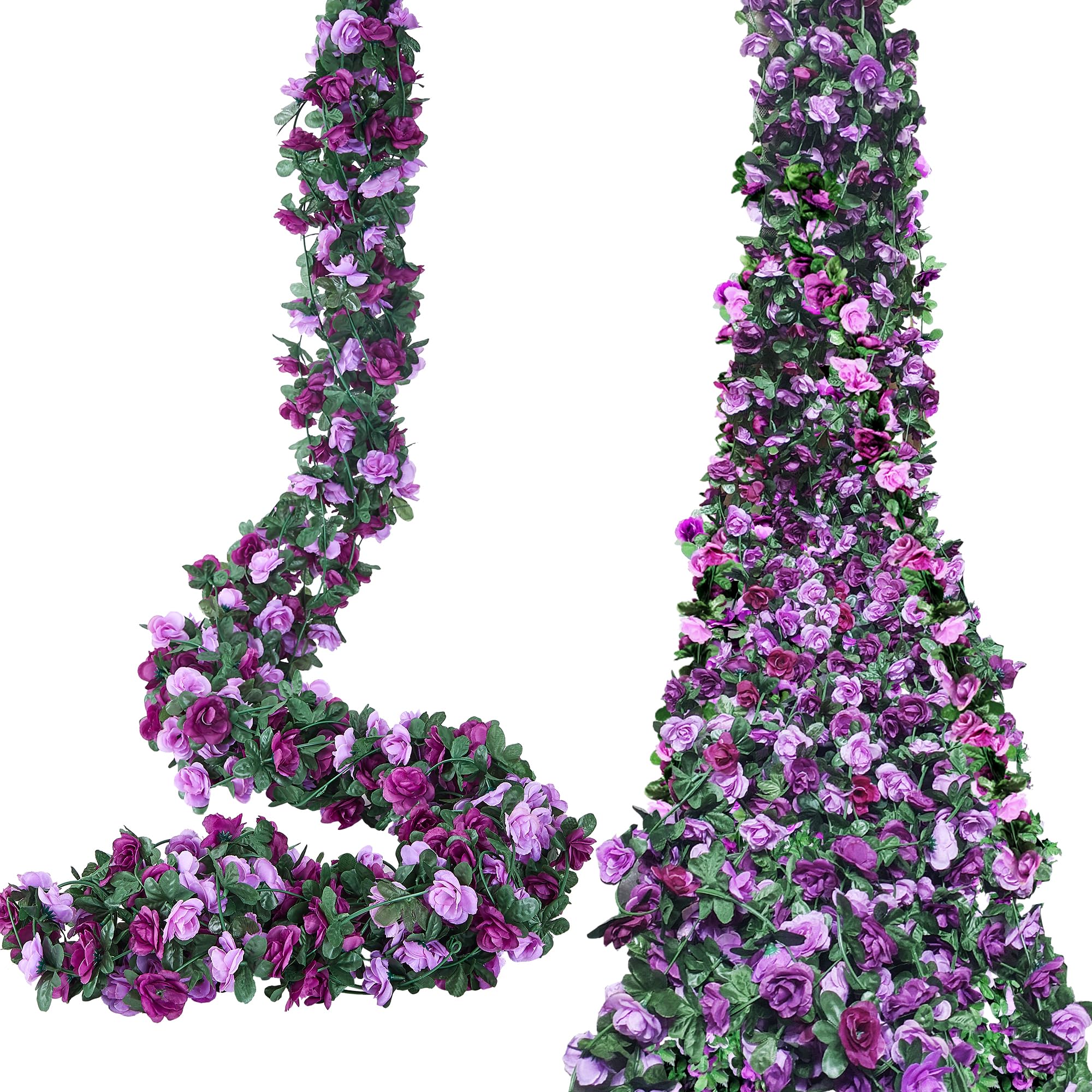 GAUIOGI 10Pcs78FT Purple Flower Garland, Artificial Hanging Rose Garlands with Green Leaf, Fake Vines with Flowers for Table Room Anniversary Wedding