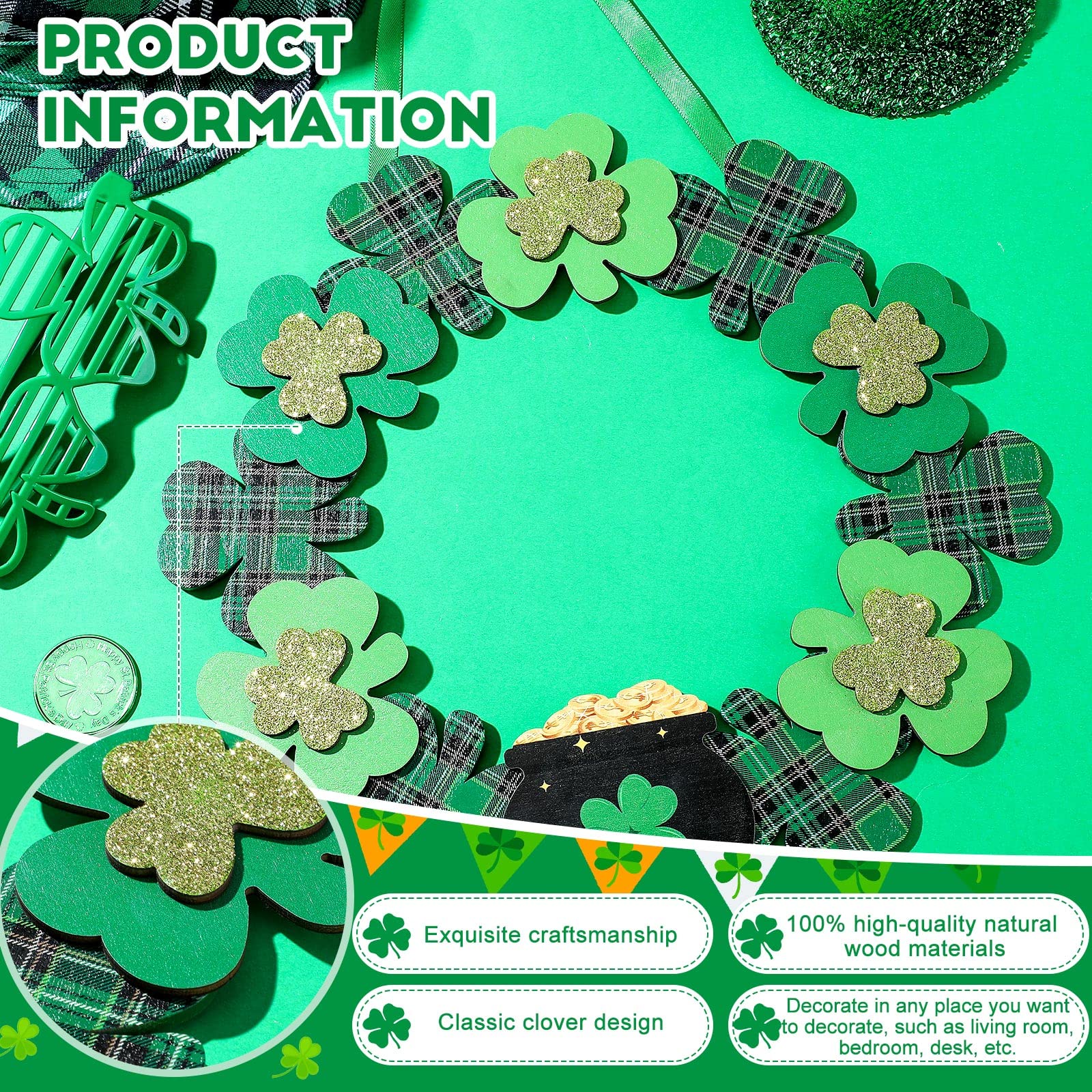 Produktbild von Irischer Glücksklee Türkranz St Patrick's Day Haustürkranz Mit Holzschild Und Grün Weißen St Patrick Day Dekor