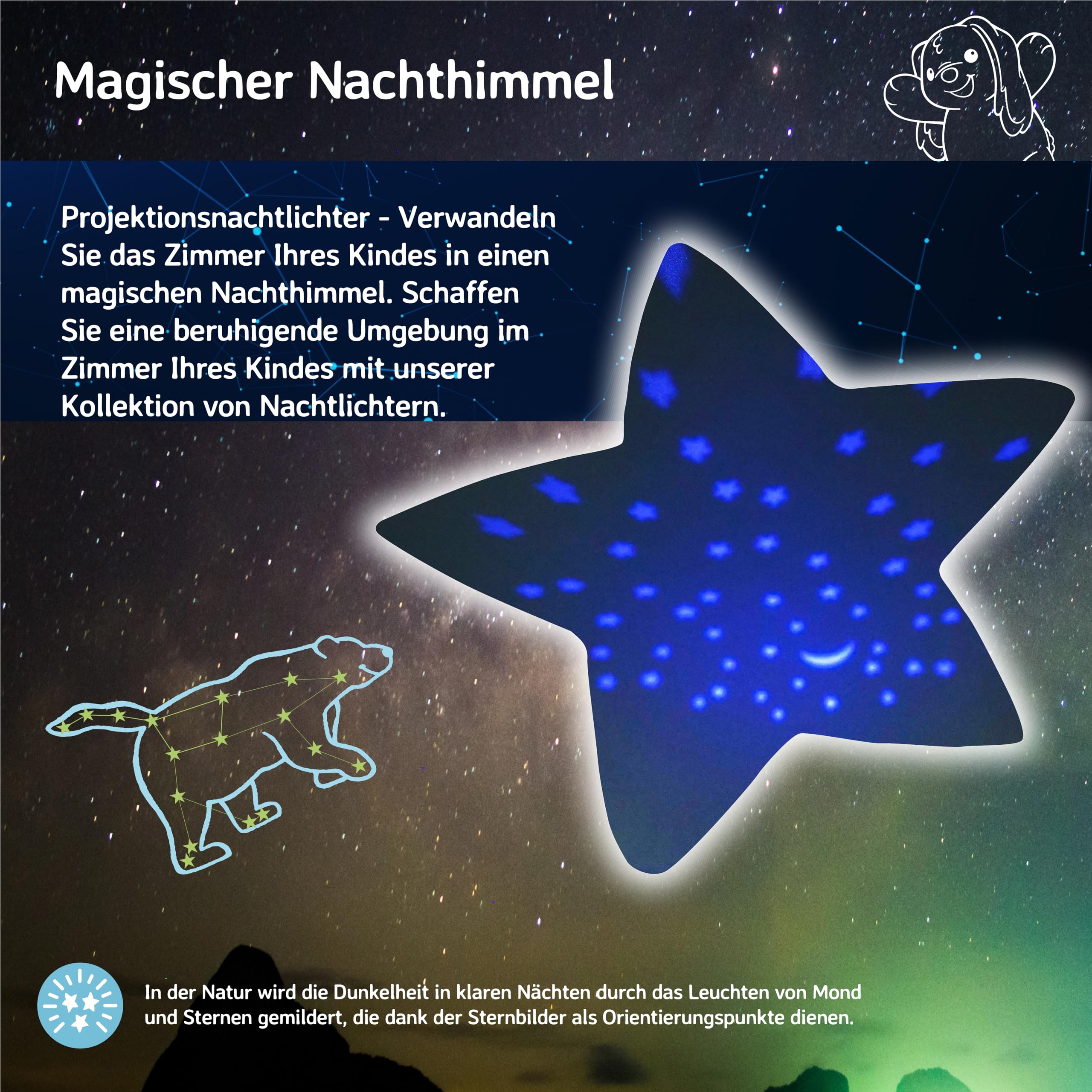Cloud b Baby Nachtlicht Projektor & Beruhigende Schlafhilfe für Kleinkinder | Kuscheltier Sternenprojektor & Nachtlicht für Kinder | Automatische Abschaltung | Tragbares Schlaflicht | Benny der Hase