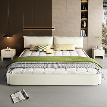 RuiSiSi Cloud King Size Chenille Bed Frame with Oversized Padded Movable Headboard, Upholstered King Size Bed Frame with Round Corner, Beige+White