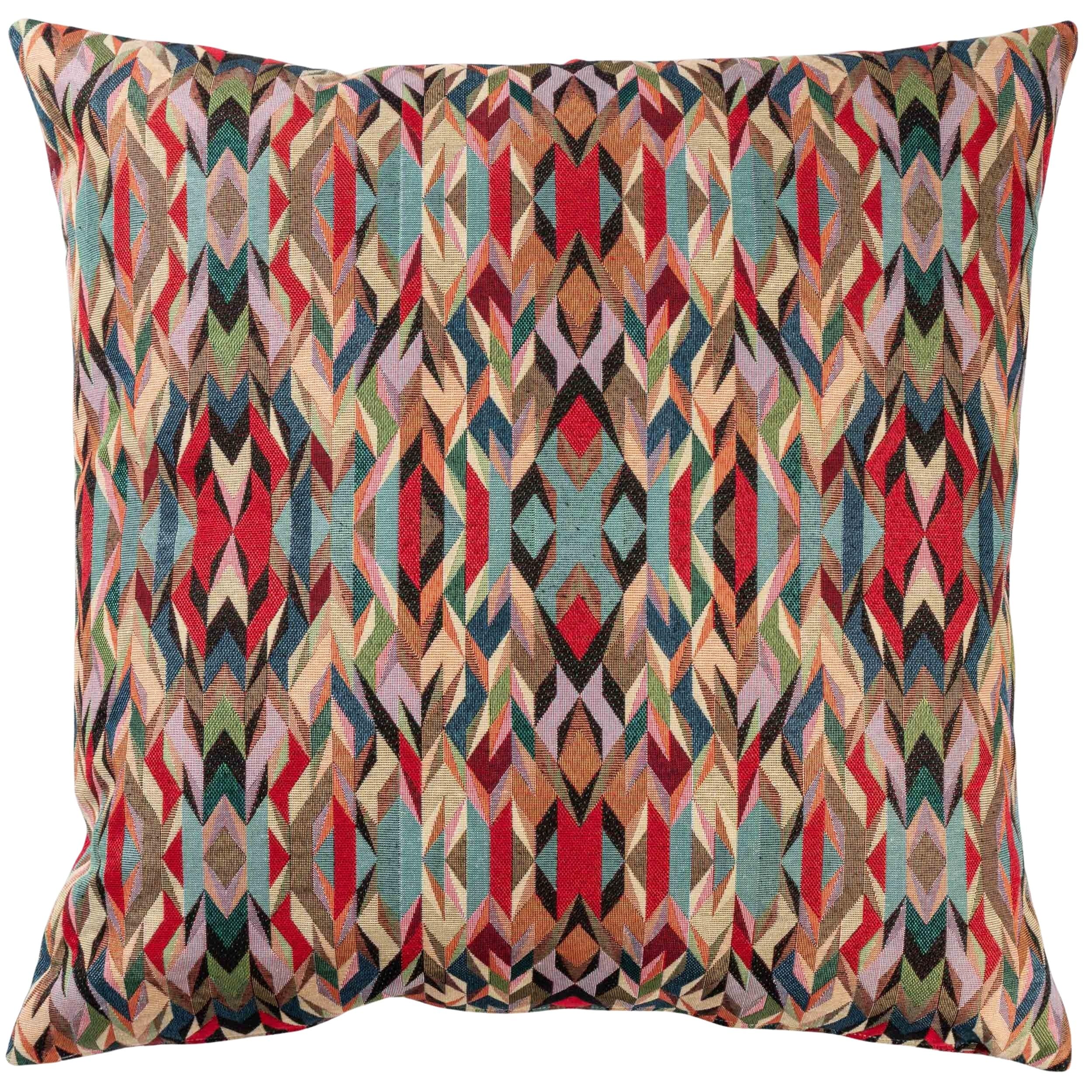 Linen Loft Multicoloured Nomad Tapestry Extra-Large Cushion. Geometric Angular Design In Red, Green, Lilac Purple, Teal Blue & Charcoal Grey. 23X23 Xl Cushion Cover