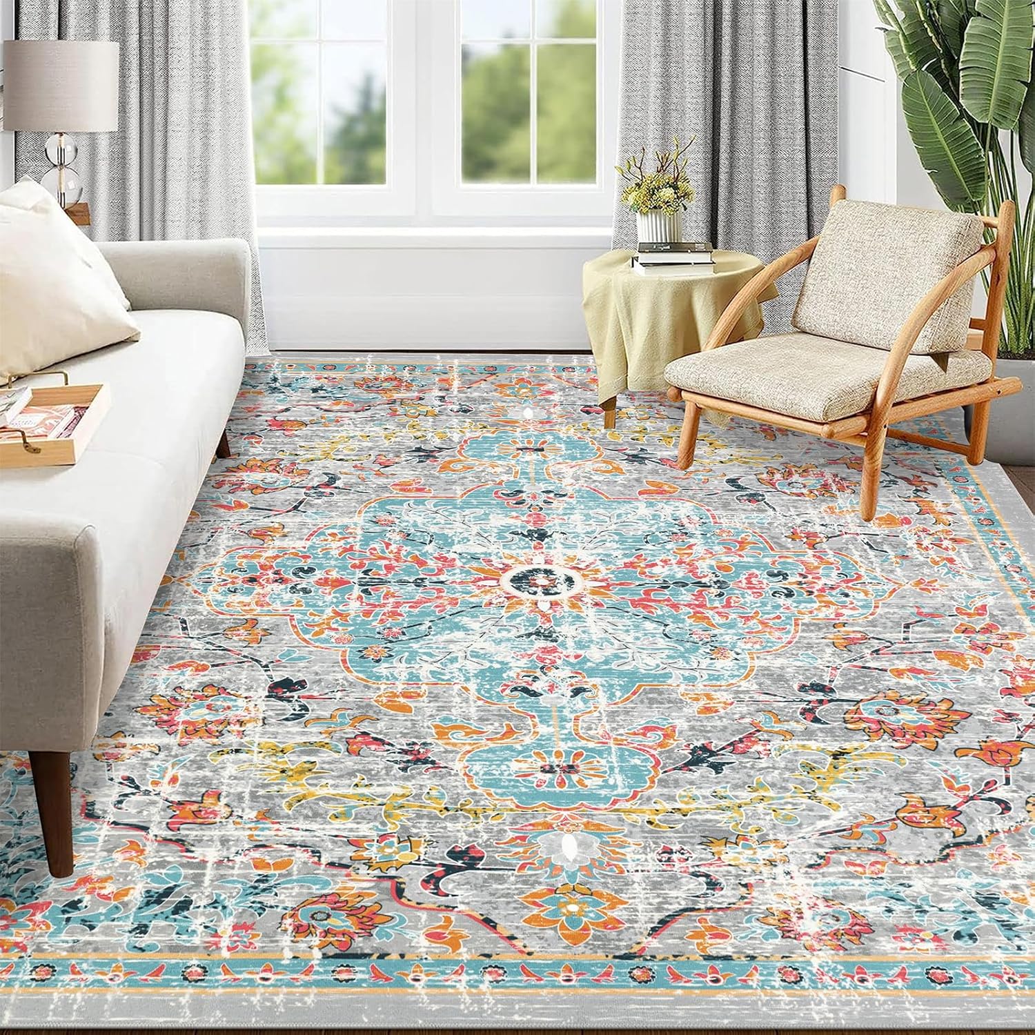 Pauwer Area Rugs 8x10 Clearance, Large Area Rug for Living Room, Machine Washable Area Rugs for Bedroom, Boho Farmhouse Vintage Floral Rugs, Non Slip Low Pile Accent Rug Floor Mat Carpet 8'x10' Grey Multi