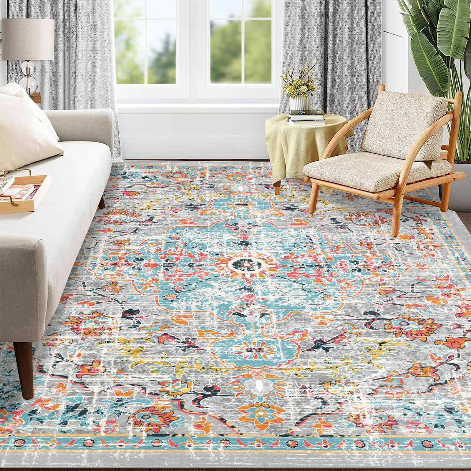 Pauwer Area Rugs 8x10 Clearance, Large Area Rug for Living Room, Machine Washable Rugs for Bedroom, Boho Farmhouse Vintage Floral Non Slip Low Pile