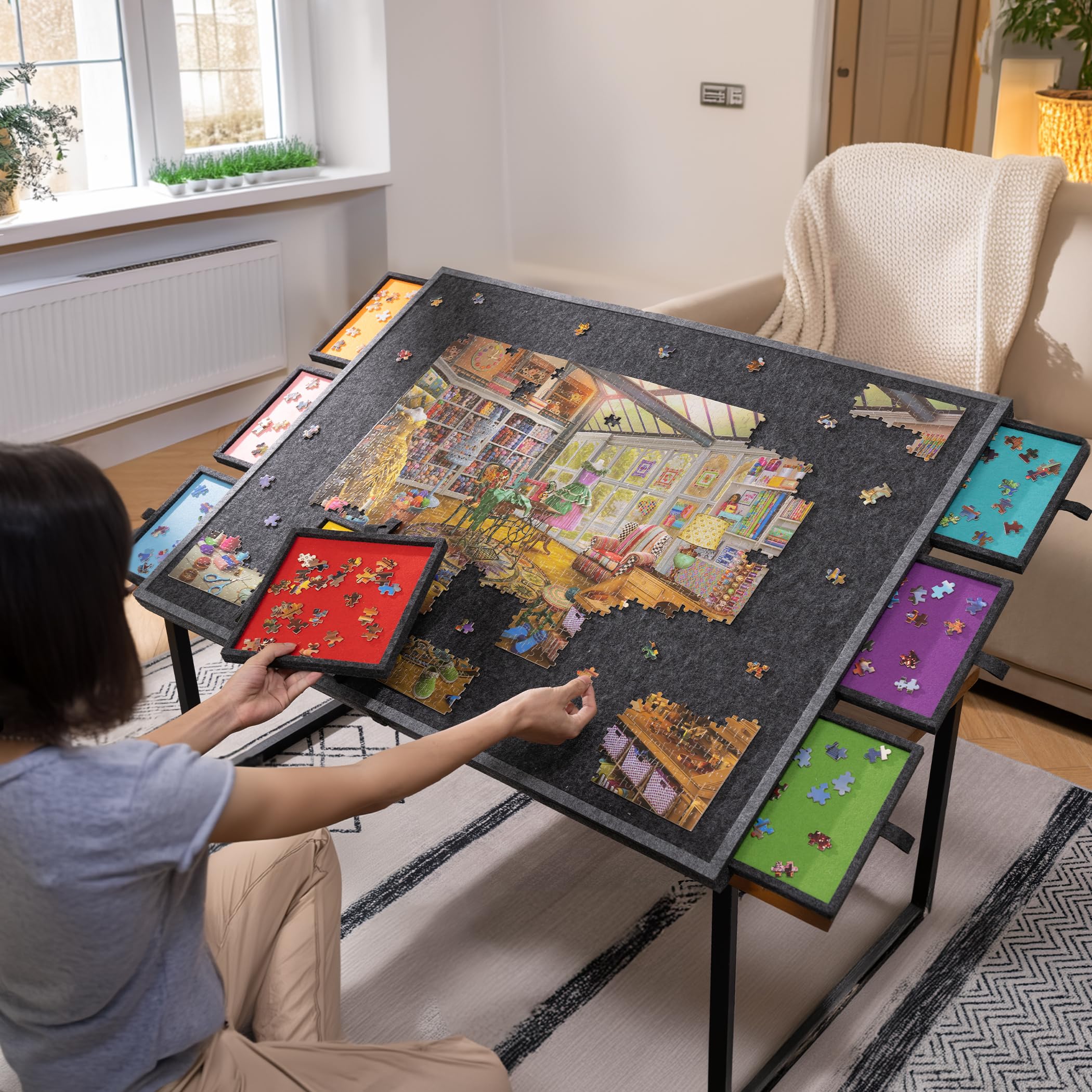 Lavievert Tavola puzzle inclinabile da 2000 pezzi, con 8 cassetti colorati, in feltro leggero e regolabile, con supporto e copertura, tavolo pieghevole e portatile con spazio per adulti