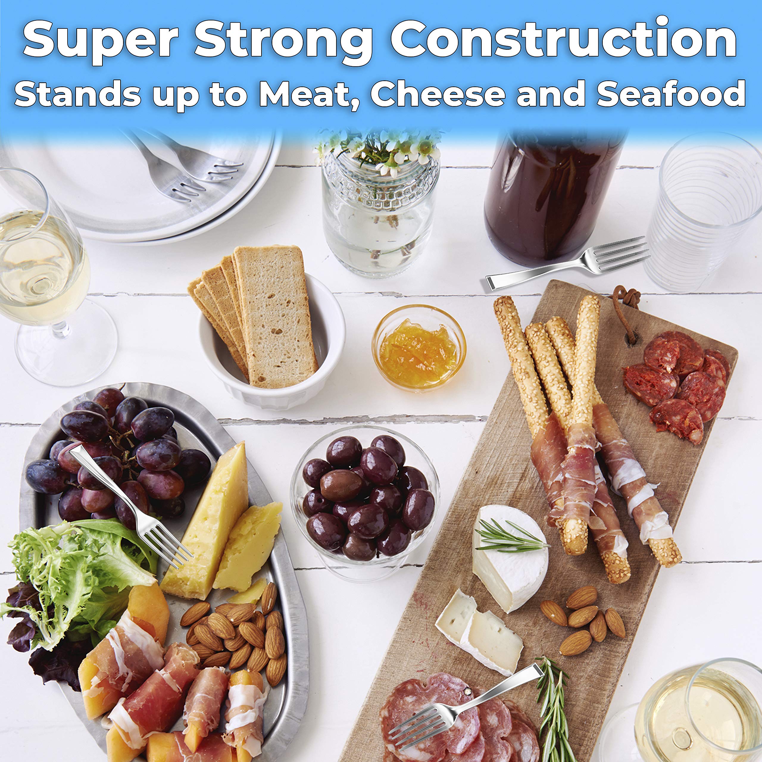 Super Elegant, BPA Free 400ct Plastic Tasting Forks. Mini Cocktail or Sampling Fork Set for Hors D'Oeuvres, Appetizers, Shrimp and Seafood. Durable, Recyclable 4 Tine Utensil with Stainless Steel Look — Amazon image 4