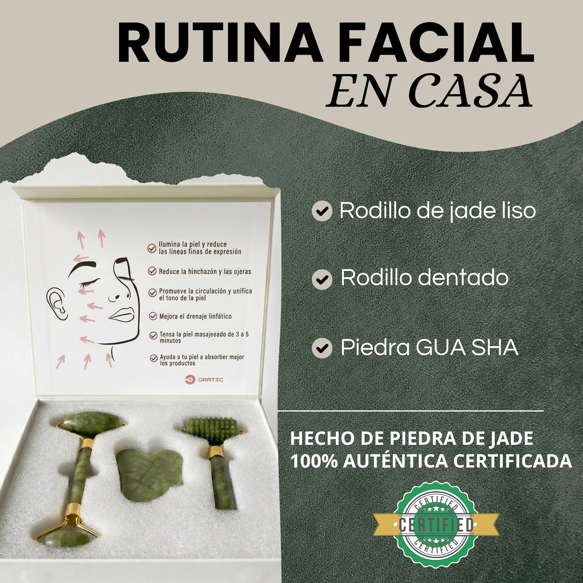 Set Gua Sha Facial y Rodillo de Jade 100% auténtico | Masajeador Facial con Rodillo Liso, Rodillo Dentado y Piedra Guasha | Kit Reafirmante y Drenaje antiarrugas para tonificar la piel - 2