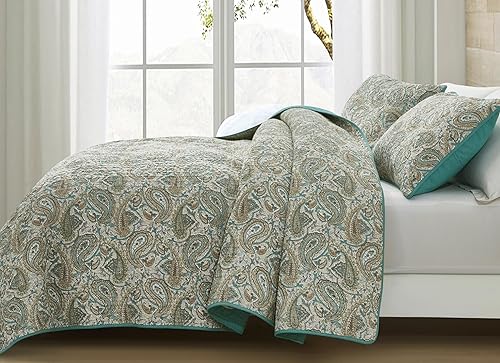 Miniatura 8 de Chezmoi Collection Douglas - Juego de edredón de algodón de 3 piezas con estampado de retazos, diseño floral a rayas, multicolor, colcha ligera