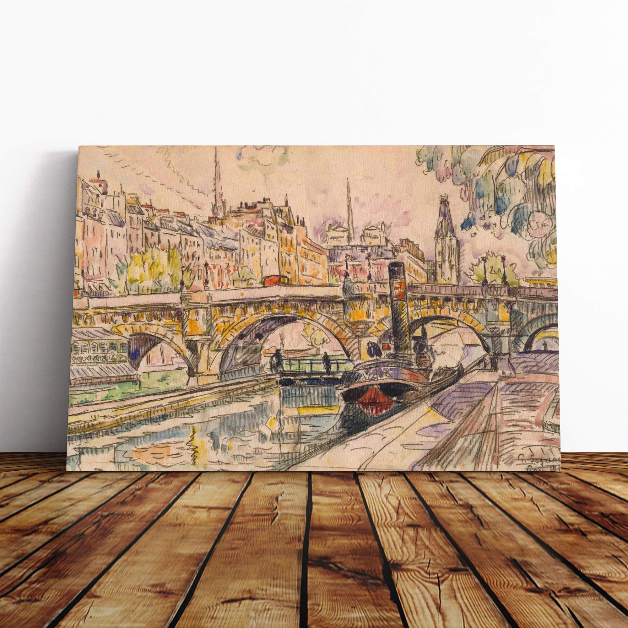 Paul Signac Tugboat at The Pont Neuf Paris Canvas Print | Gallery Wrapped 30mm Frame Wall Art | 30x20 inches | Ready to Hang | Modern Picture | Living Room Bedroom Lounge Office