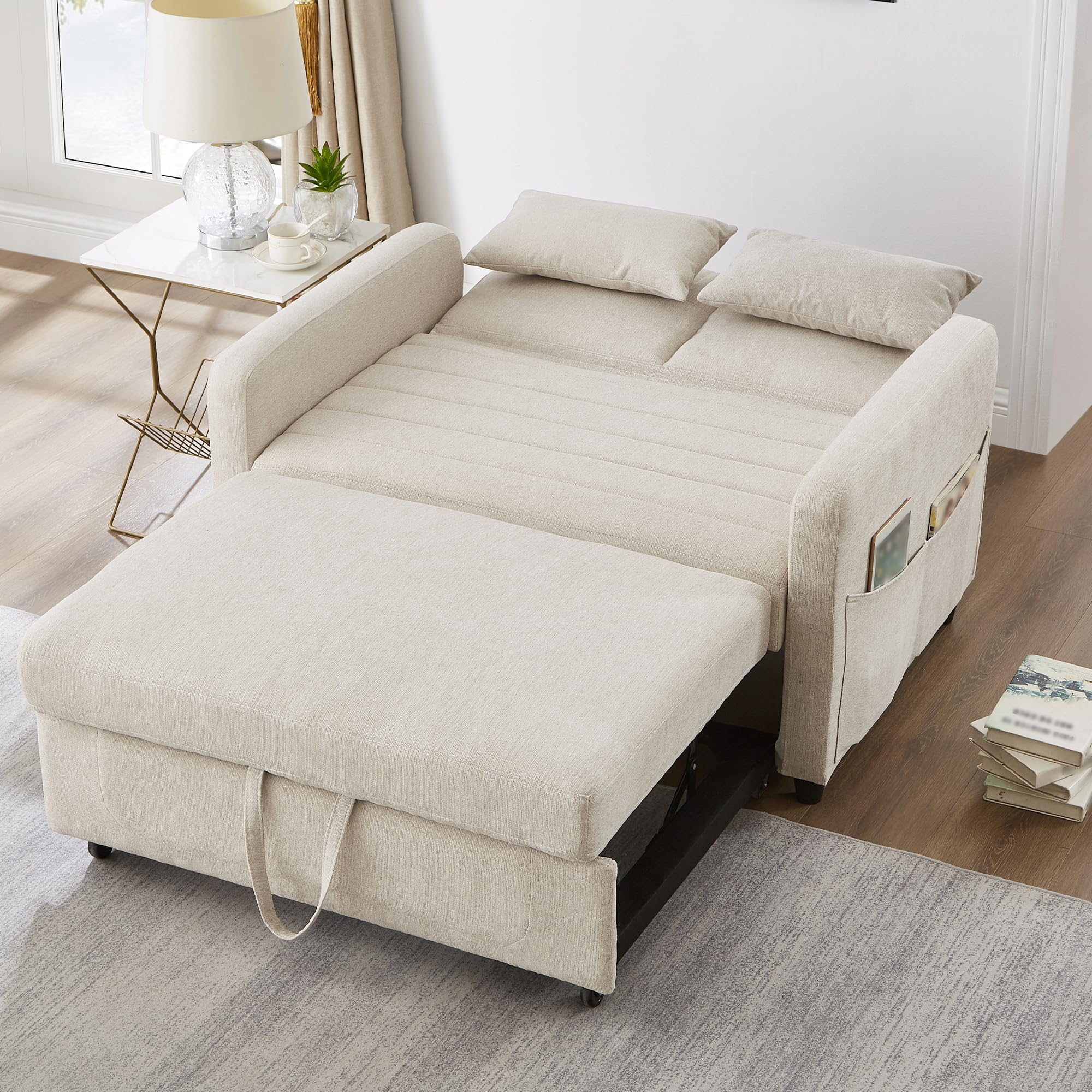 Divano a due posti con funzione letto, divano pieghevole con schienale regolabile, divano letto estraibile, divano letto con contenitore, piccoli divani per piccoli spazi, 114 x 77 cm, beige