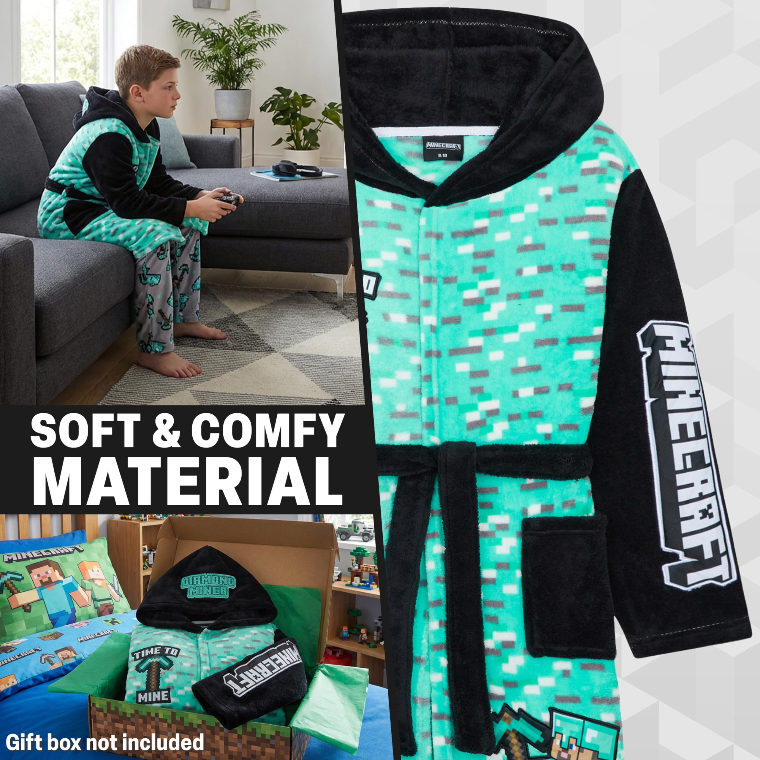 Get Trend Minecraft Robe Enfant et Ado, Robe de Chambre Polaire à Capuche avec Poches Loungewear Hiver, Idée Cadeau Creeper