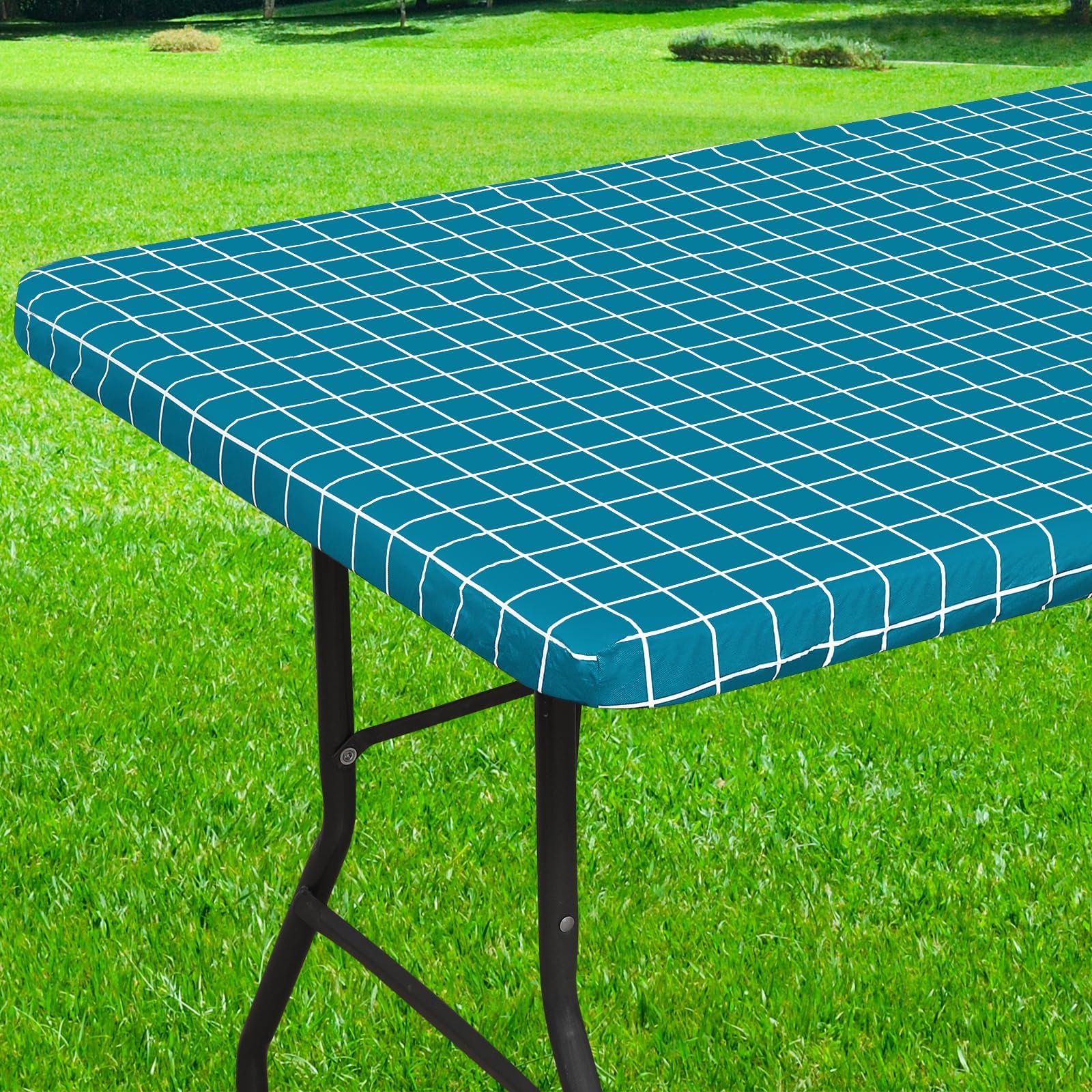 Rectangle Table Cloth, Elastic Fitted Flannel Backed Plastic Table Covers for 4 Foot Folding Tables, Waterproof Vinyl Tablecloths for Picnic, Camping, Indoor and Outdoor (Teal, 24 x 48 inch)