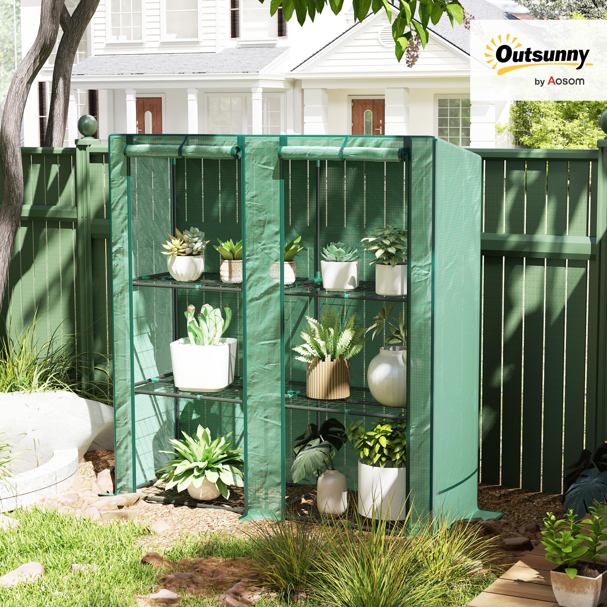 Outsunny Serre de Jardin PE avec Étagères 3 Niveaux 144 x 48 x 152 cm Vert | Serre de Balcon, Bâche Renforcée 140 g/m², Châssis en Acier, 2 Portes Zippées Enroulables, pour Légumes Plantes Fleurs