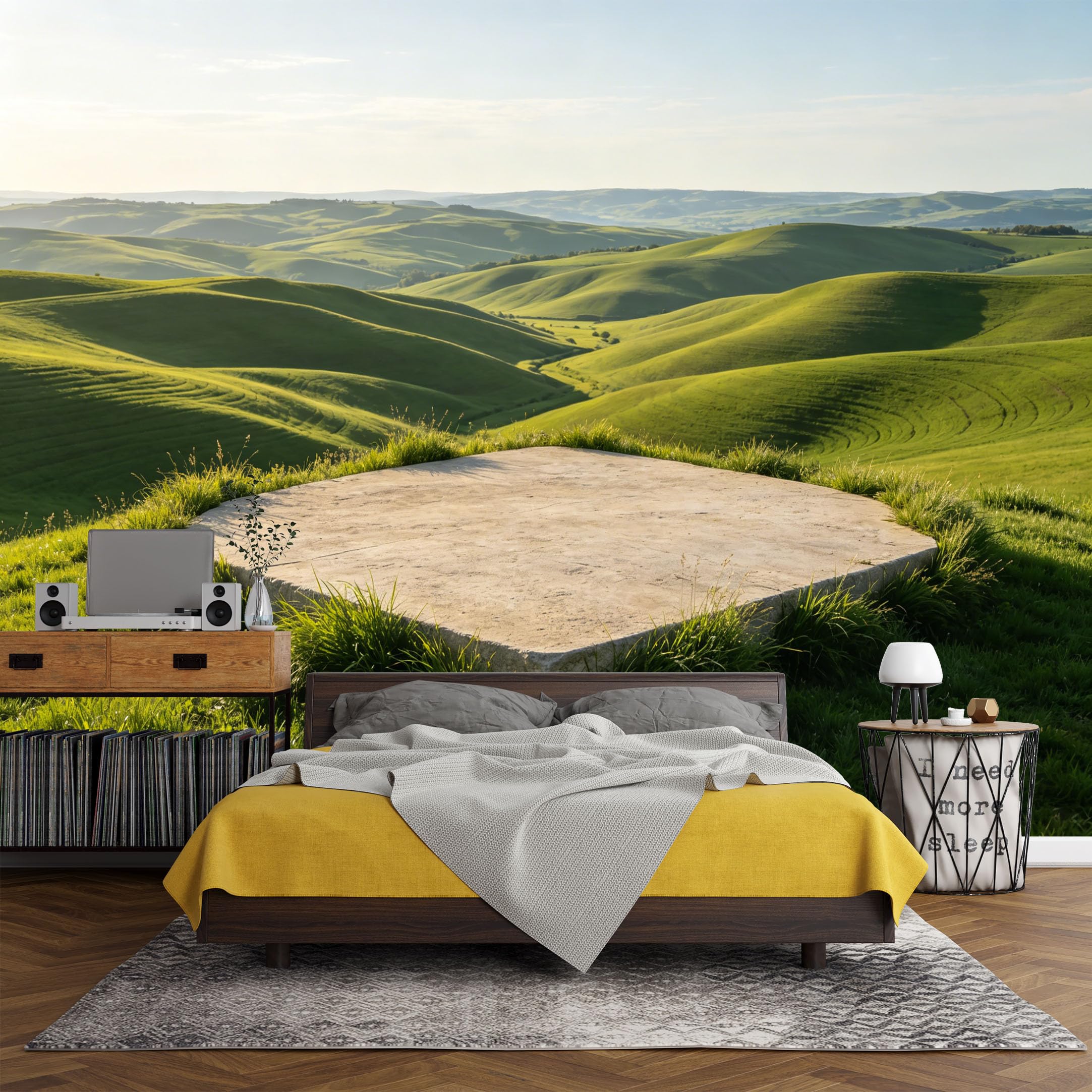 Custom Size Wall Mural， Landscape Green Rolling Hills Meadow Nature View，SelfAdhesive Art Prints wall Fabric (No PVC) Removable Wallpaper Living Room Decor